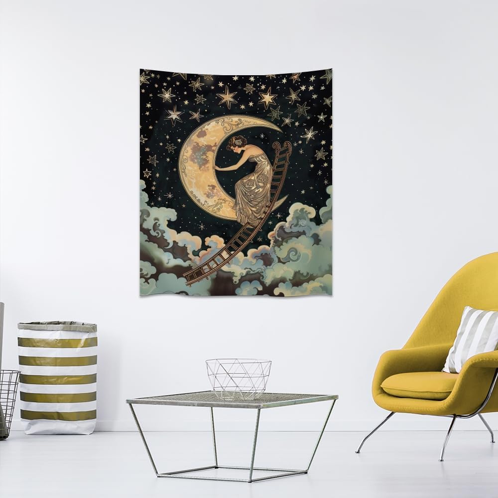 Dark Academia Gothic Aesthetic Tapestry ladder to The Moon and Stars Wall Hanging Print Trendy Vintage Art Nouveau Tapestries Decor for Home Bedroom Living Room 60x80inch