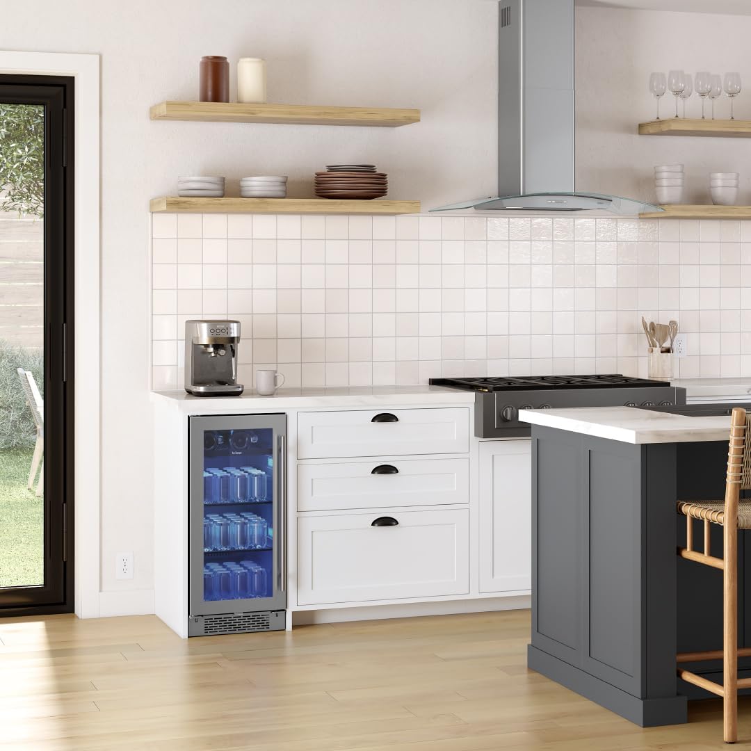 Zephyr Brisas 15 Inch Slim Beverage Fridge Single Zone Under Counter - Narrow Mini Wine & Drink Cooler Small Cabinet Wine Refrigerator Home Bar Freestanding with Glass Door - 4 Bottles, 64 Cans