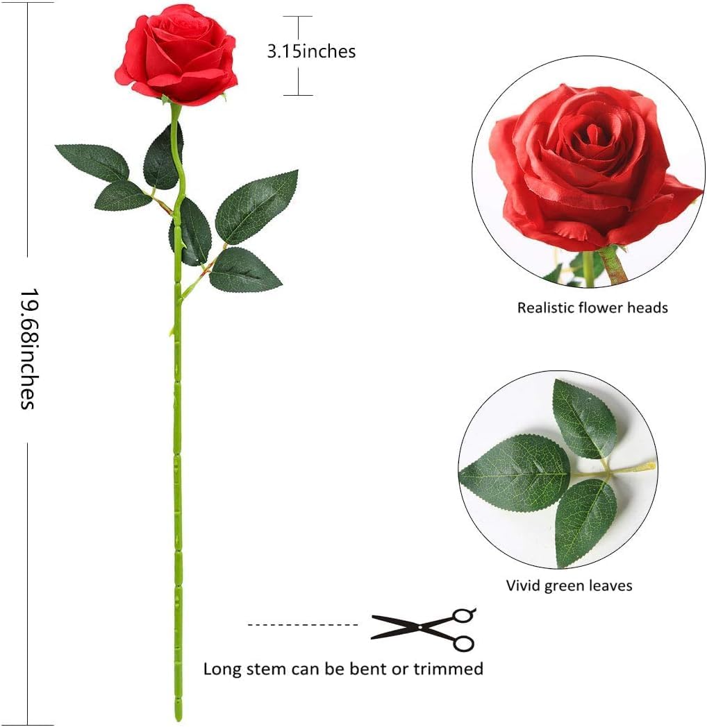 Red Fake Roses Artificial Flowers - 16 Pcs Fake Artificial Roses Silk Flowers with Stems for Home Wedding Hotel Office Centerpiece Decor