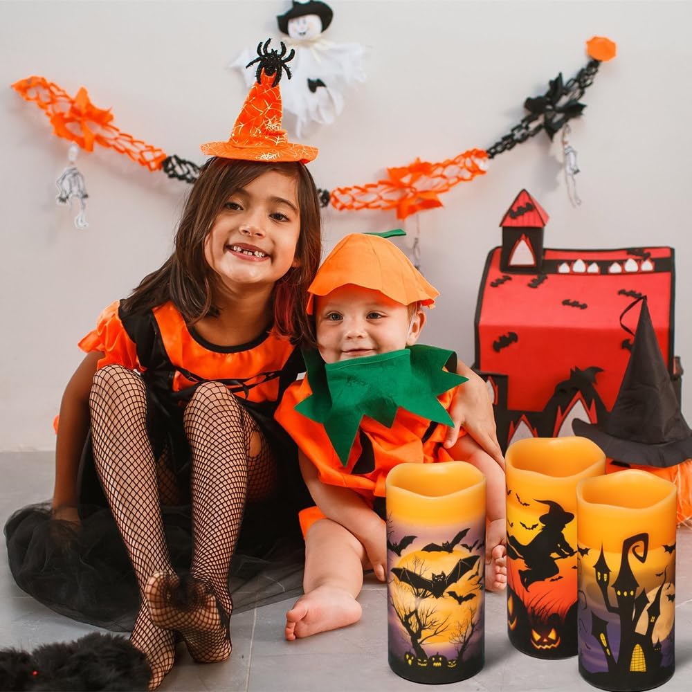 Wondise Halloween Flameless Flickering Candles with 6hrs Timer, Battery Operated Candles with Halloween Decals Real Wax LED Pillar Candles for Halloween Home Table Decor (3 x 6 Inches), Orange