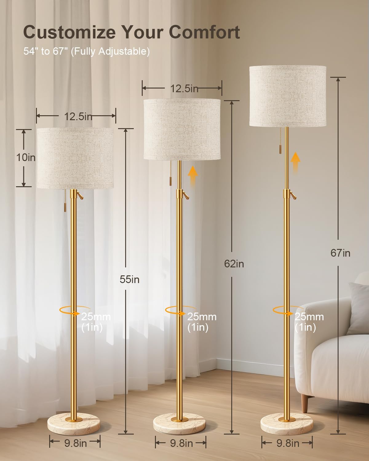 Modern Gold Floor Lamp for Living Room - Adjustable Height Standing Lamp with Marble Base & Linen Shade, 3-Way Dimmable Tall Floor Light for Bedroom, Reading, Bulb Included