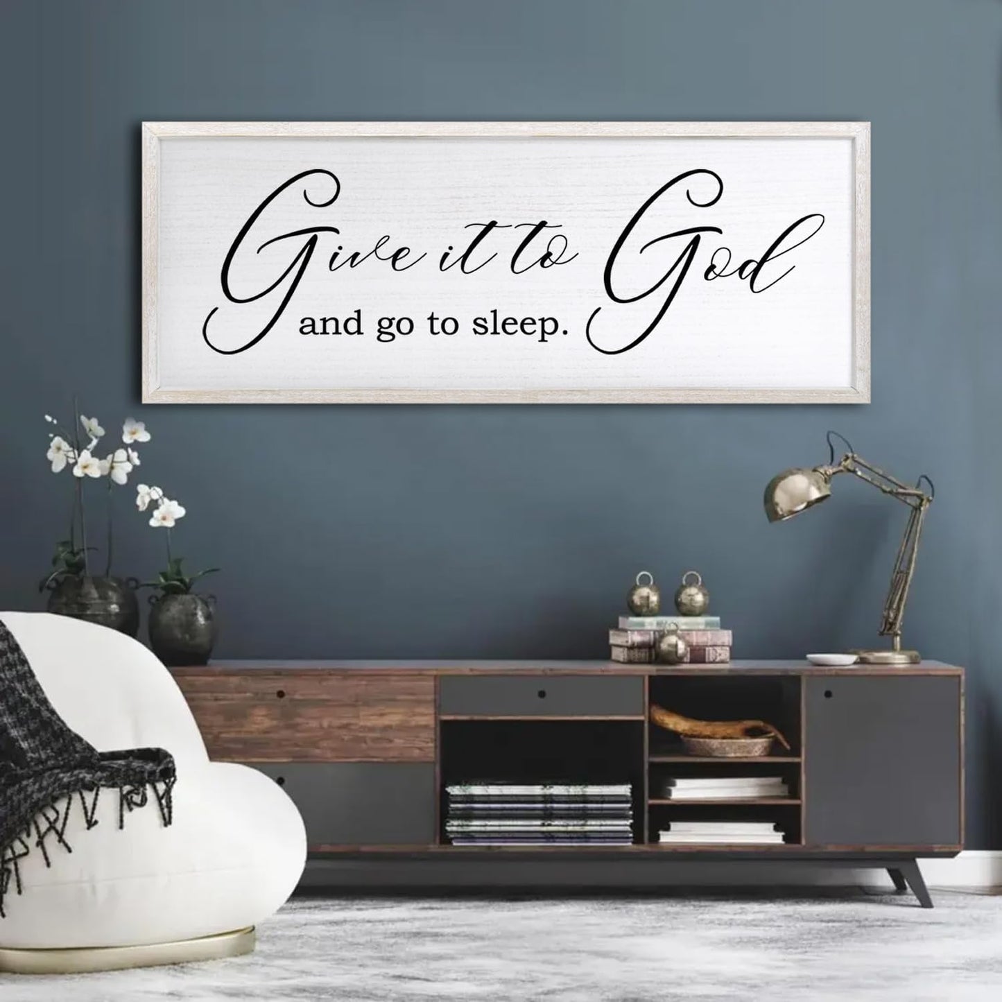 Give It To God And Go To Sleep Sign Wall Decor 40x15 Inch Large Farmhouse Master Bedroom Above Bed Hanging Wall Art Rustic Guest Room Wood Framed Over Bed Wall Decoration (White)