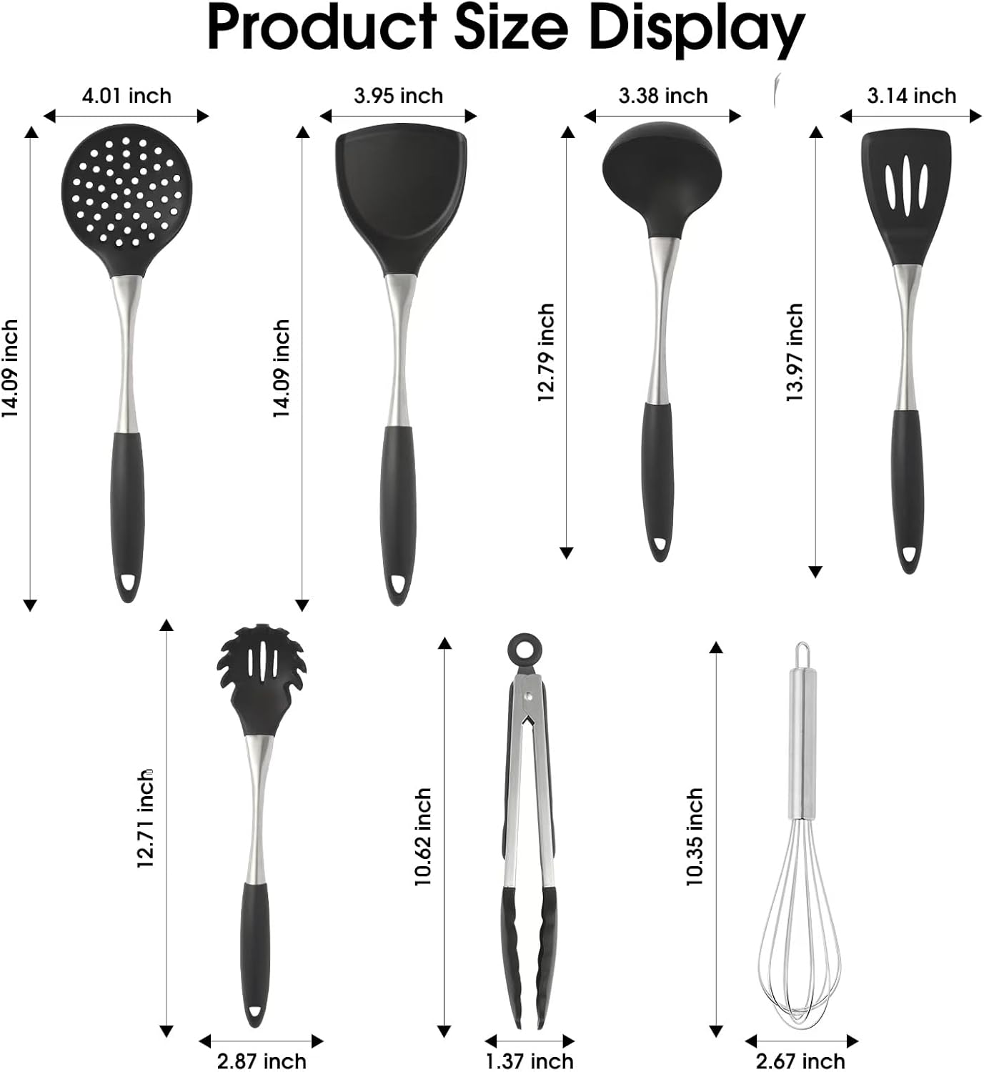 Premium Black Silicone Cooking Utensils Set - Non-Toxic, Heat Resistant& Non-Stick Kitchen Utensils Set with Spatula, Spoon, Whisk, Tongs, BPA Free, Dishwasher Safe, Black