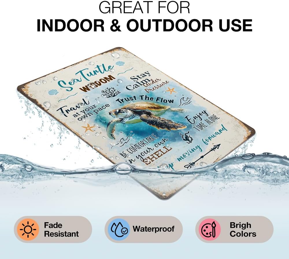 Heuhuww Retro Sea Turtle Wisdom Metal Sign for Home Office Room-Inspirational Beach Decor-Sea Turtle Quote Gifts for Ocean Lovers 12" x 8"(H16)