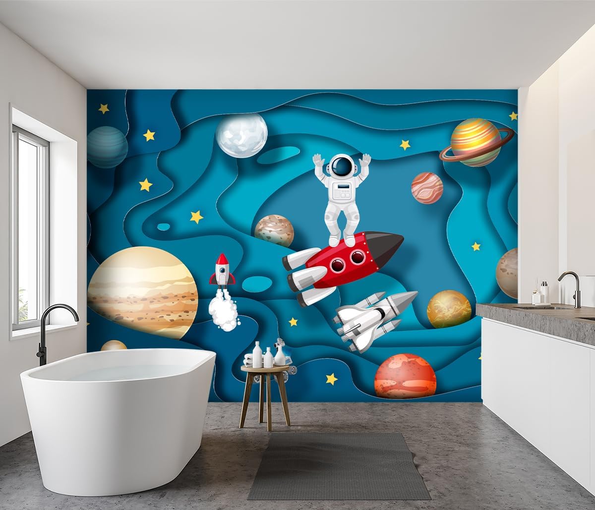 -Kindergarten Children Galactic Planet Fabric Wallpaper Living Room Bedroom Boys Girls Children Cartoon Astronauts Large Mural- 137"x96"( not Peel and Stick)
