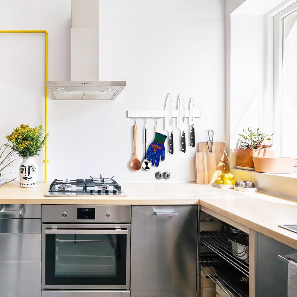 17.5" Magnetic Knife Holder for Wall with Hooks - No Drill Adhesive Mount - 304 Stainless Steel Knife Magnetic Strip