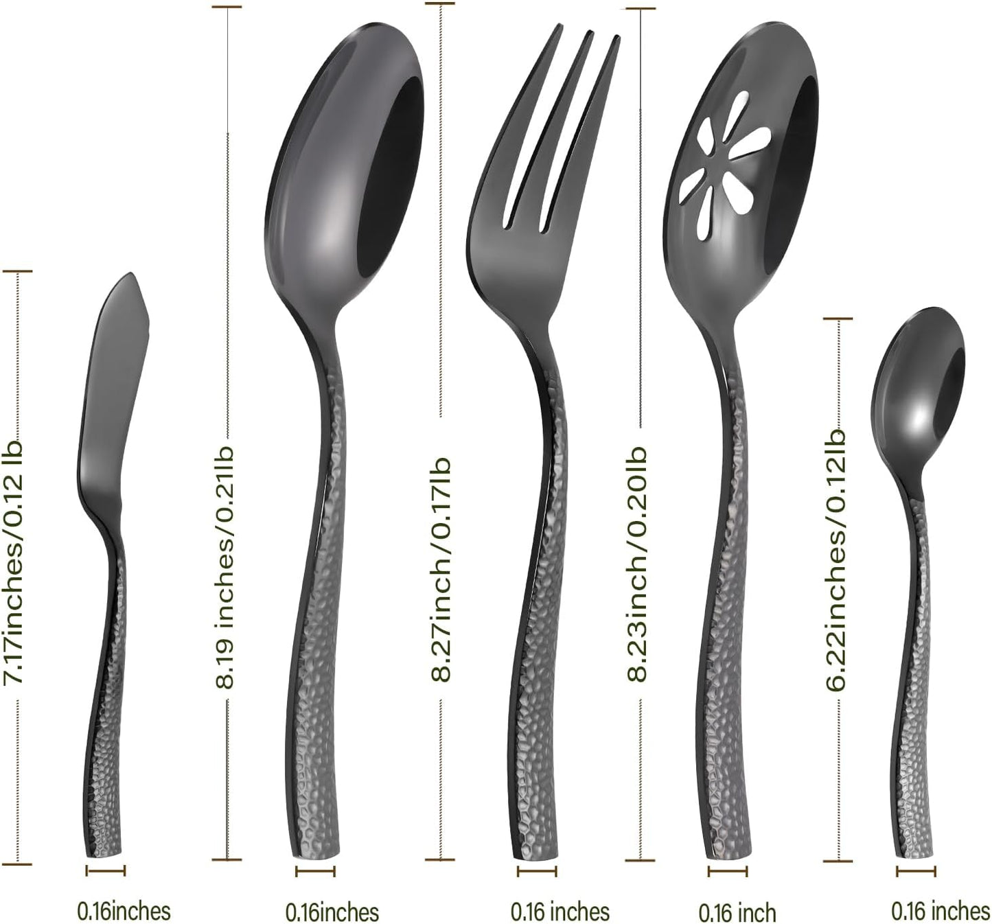 Stainless Steel Silverware Serving Set Hammered Black Mirror Finished 5 Piece Serving Utensil Set Flatware Set