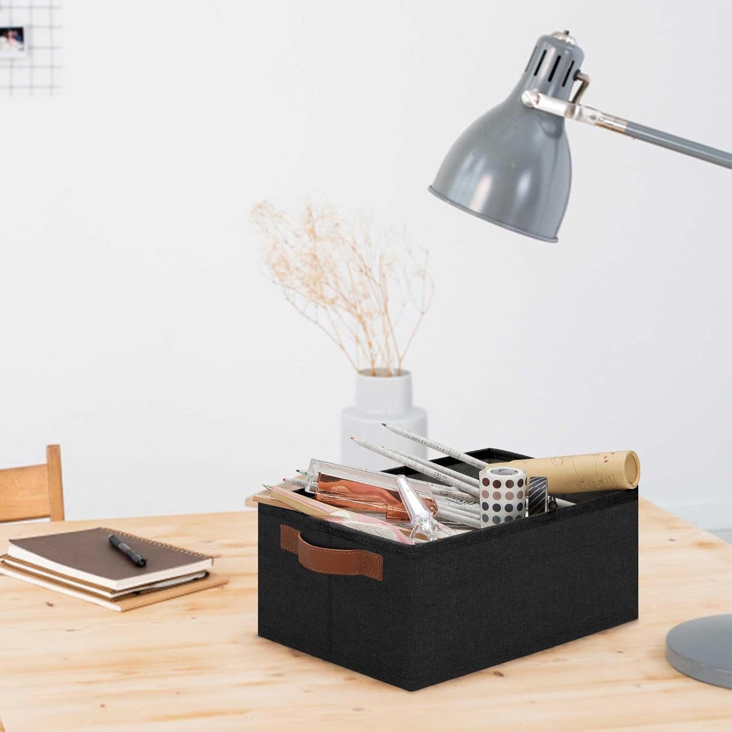 GhvyenntteS Small Fabric Storage Bins 6 Pack, 11.8" x 7.87" x 5.11" Storage Basket with Leather Handles, Closet Storage Bins for Shelves, Storage Baskets for Shelves, DVD Storage (Black)