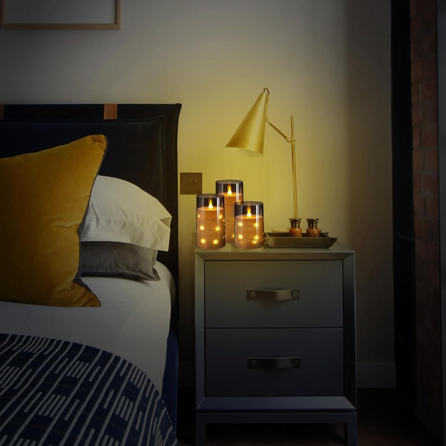 NURADA Flickering Flameless Candles: Built-in Star String Lights Unbreakable 3D Wick Acrylic Battery Operated LED Pillar Candles with Remote and Timer for Romantic Mood Home Decoration - 3 Pack Gray