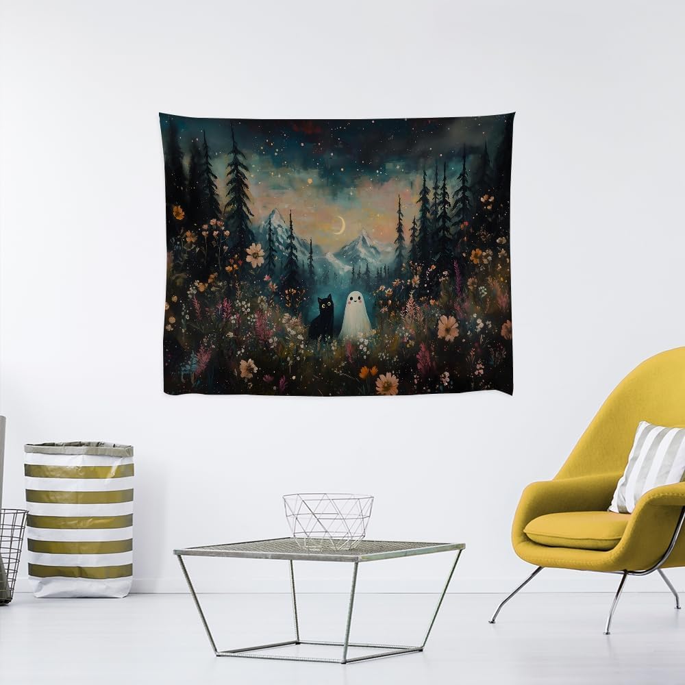 Whimsical Halloween Tapestry Wall Hanging Ghost and Black Cat in Magical Forest Wildflowers Meadow Tapestry Art Print Charming Spooky Fall Season Tapestries for Living Room Bedroom Decor 30x40inch