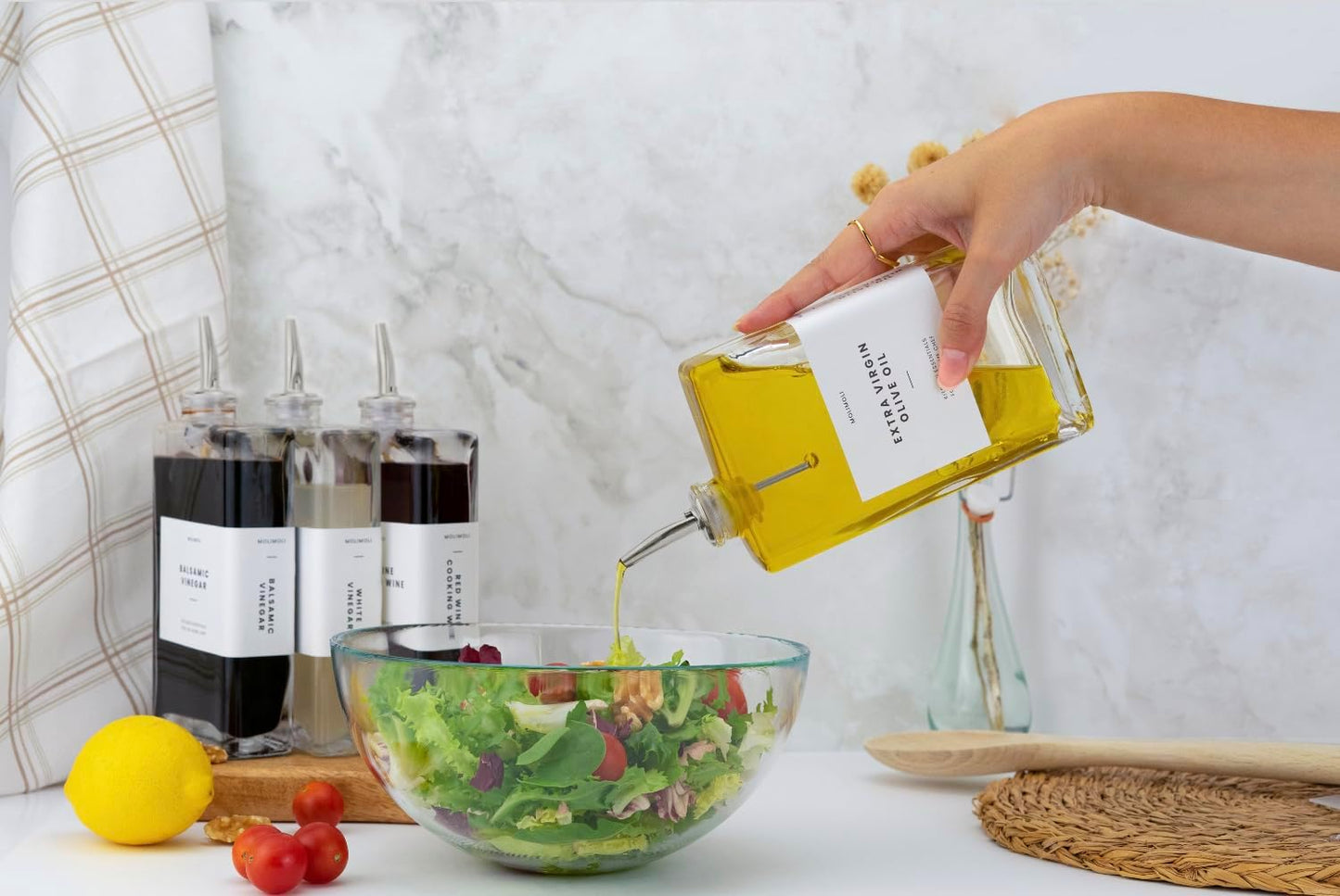 Molimoli Olive Oil Dispenser Bottle for Kitchen, Automatic Pourer, Glass Dispenser for Kitchen, Olive Oil Cruet, | Set of 4 - Silver