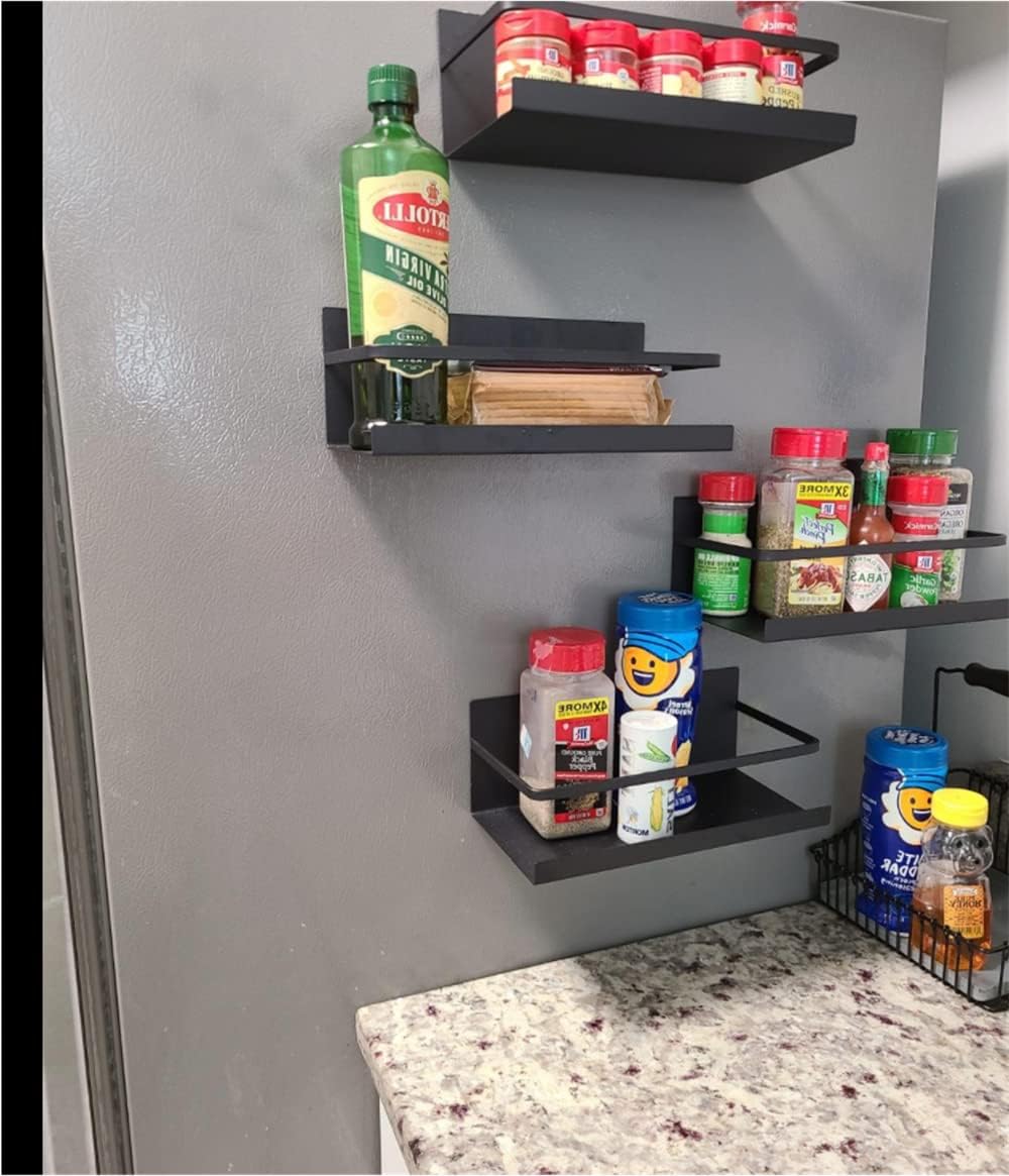 Magnetic Spice Rack Holder Paper Towel Holder with Hook for Refrigerator Fridge Organizer for Kitchen, Space Saver Container for Kitchen/Apartment, Drill Free, Black,3 Packs