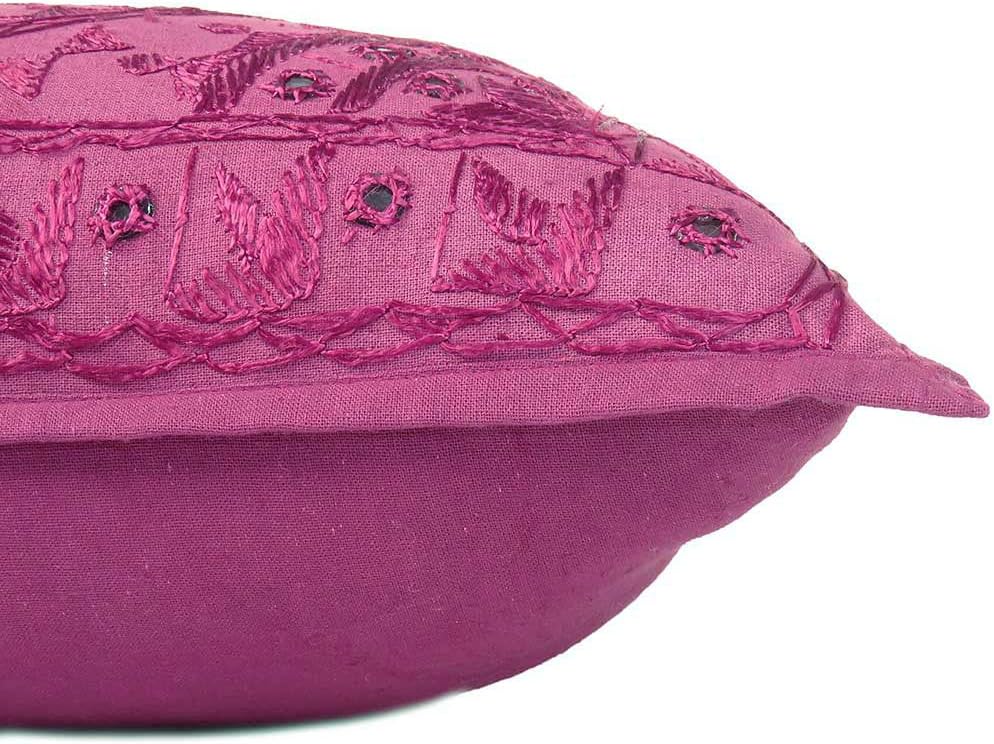 Eyes of India Embroidered Decorative Boho Throw Pillow Cover with Mirrors, Handmade Bohemian Accent Cushion Case for Sofa Couch Bedroom Living Room (Burgundy, 24" x 24")