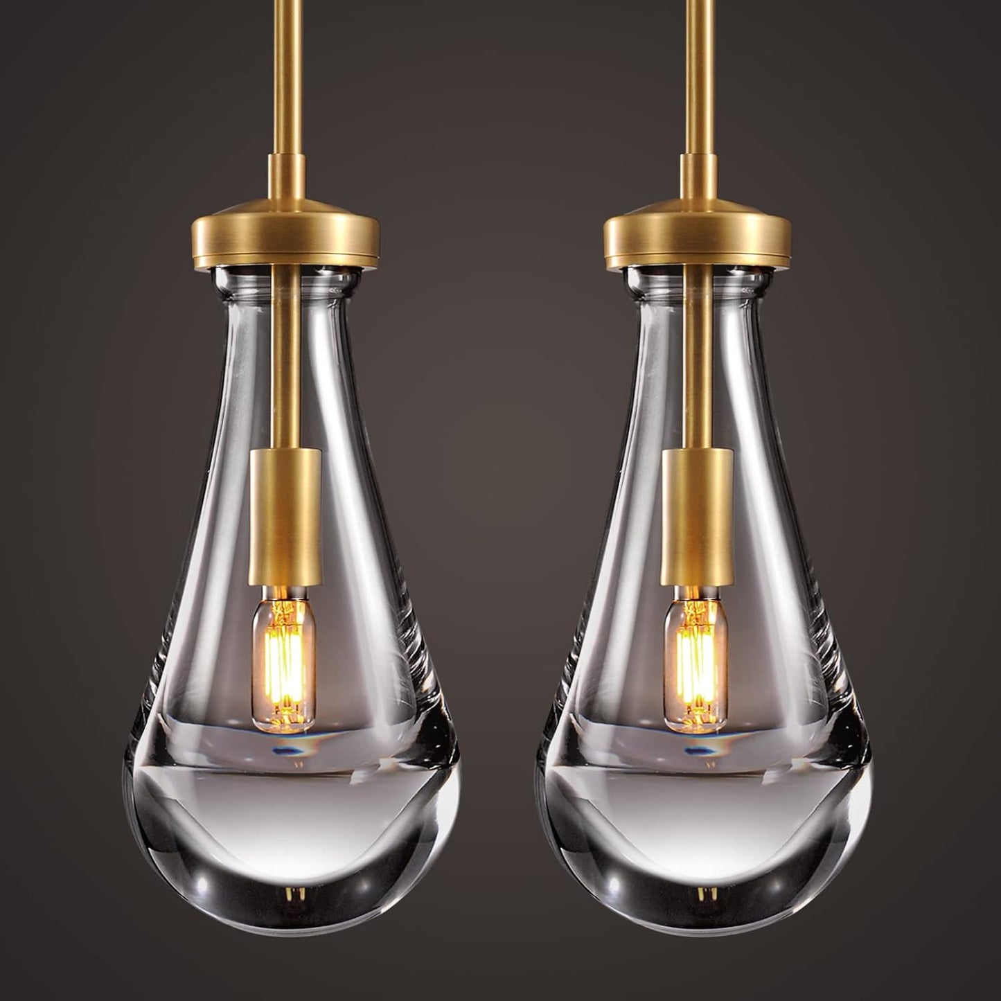 Raindrop Pendant Lights 2 Pack, Pendant Lights for Kitchen Island, Brass Rod Dining Room Light Fixture, Raindrop Chandelier, Pendant Lights for Living Room Hallway, Including Bulb