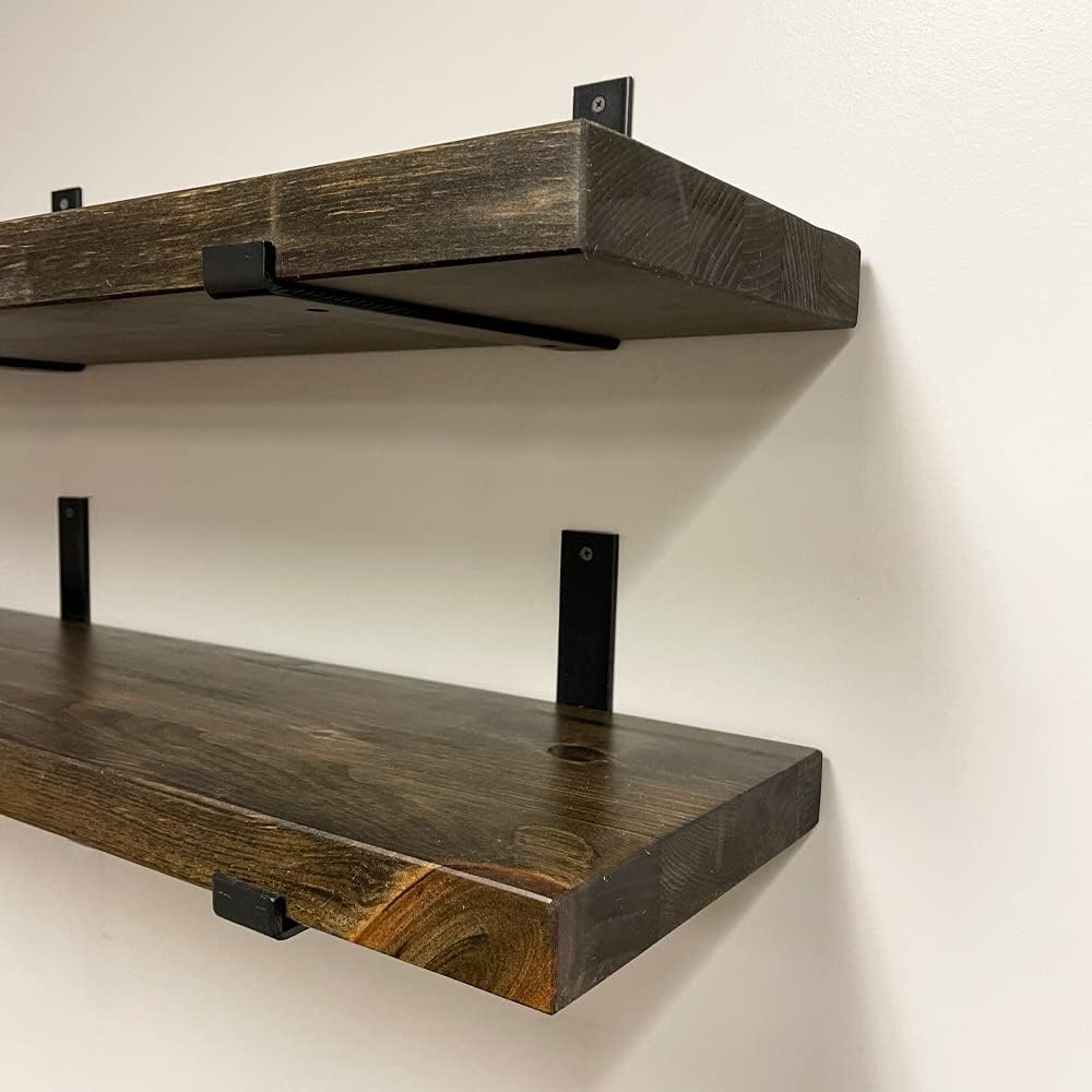 Rustic Shelves with J-Brackets Set of 2, Industrial Shelf, Kitchen Shelves, Solid Wood, Decorative Wall Storage, Heavy Duty, URBANDI (Dark Brown, 12Wx10D)