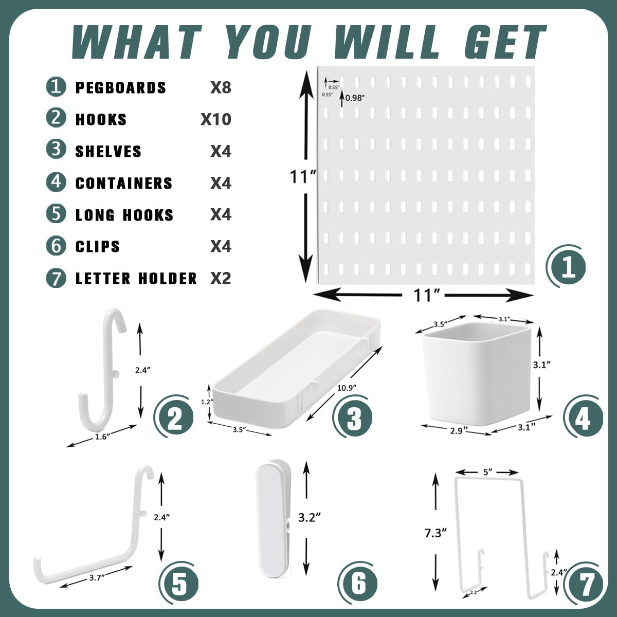 Pegboard Combination Kit, 25.2" x 50.4" Wall Mounted Storage Set with 8 Pegboards & 40 Accessories Hanging, Peg Boards Organizer