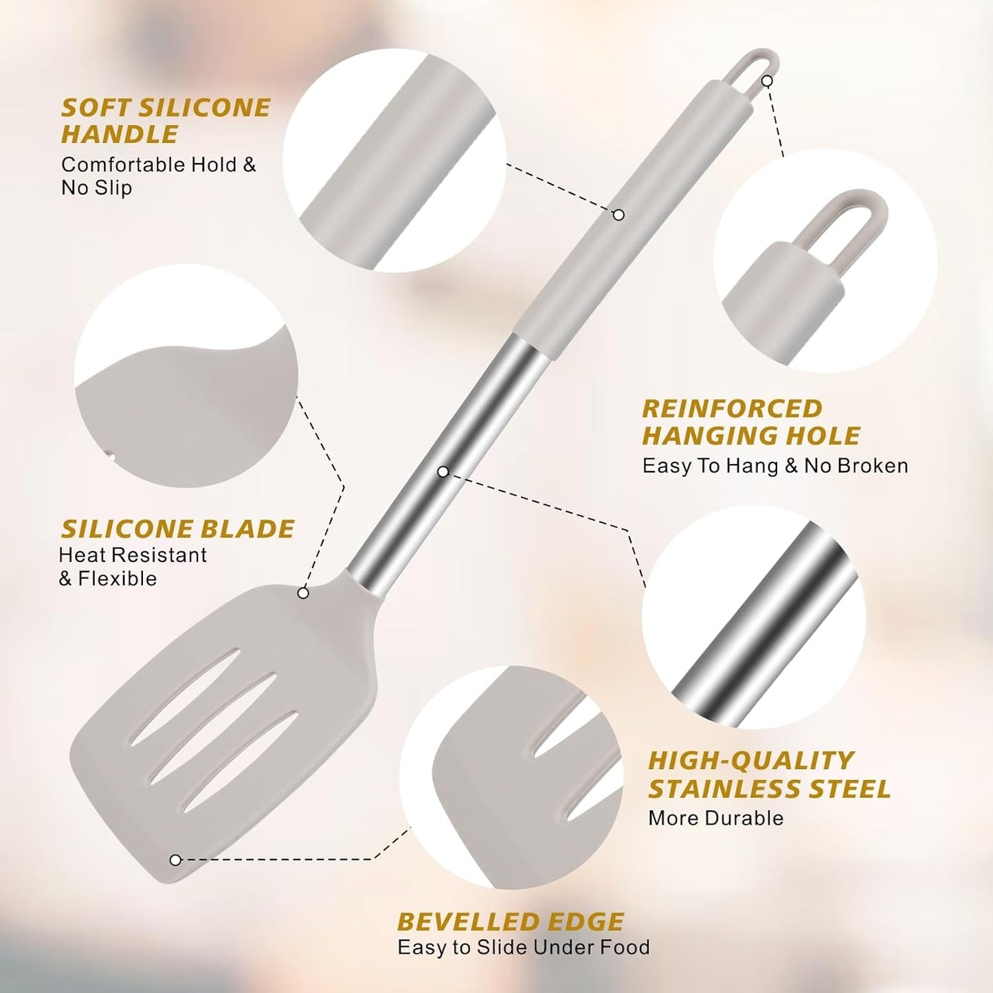 5-Piece Silicone Kitchen Tool Set, BPA-Free, Heat-Resistant, Non-Stick & Dishwasher-Safe, with Slotted/Solid Spoons & Spatulas for Frying, Mixing, Draining – Includes Multi-Purpose Serving Hook(Khaki)