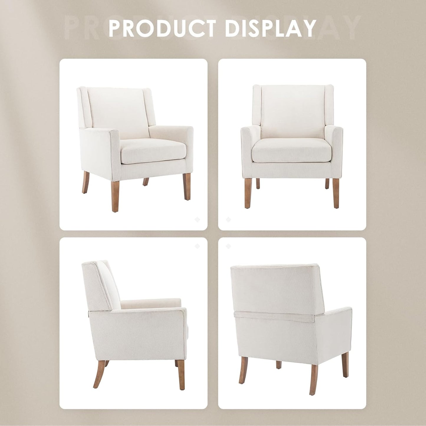 COLAMY Modern Wingback Living Room Chair Set of 2, Upholstered Fabric Accent Armchair, Single Sofa Chair with Lounge Seat and Wood Legs for Bedroom/Office/Reading Spaces, Beige