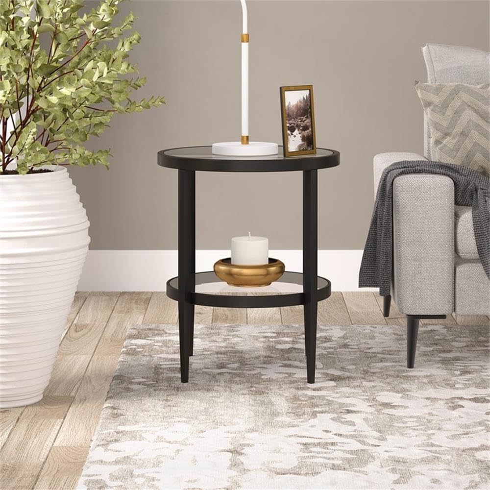 Henn&Hart 20" Wide Round Side Table with Glass Shelf in Blackened Bronze, Table for Living Room, Bedroom