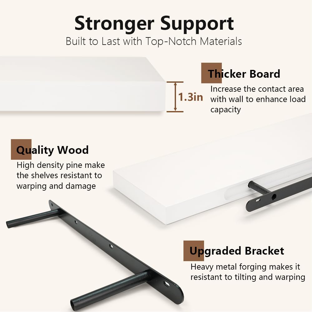 Habudda Floating Shelves for Wall, Display Shelf for Bathroom Bedroom Kitchen, Rustic Decor Pine Solid Wood Bookshelf, 30 Inch Long, Set of 2, White