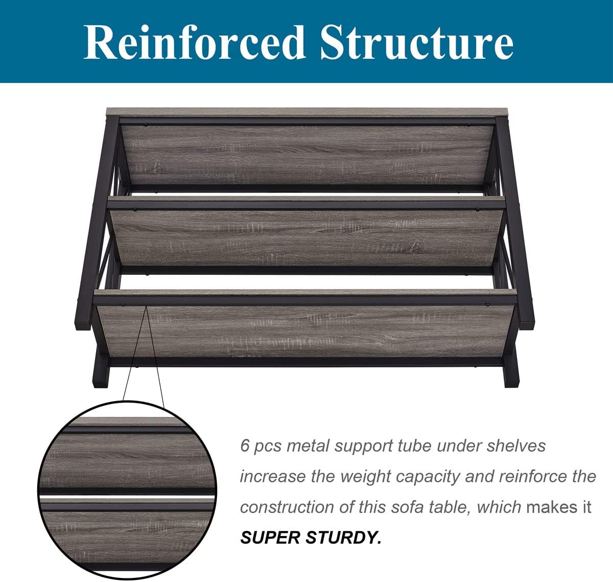 BON AUGURE Rustic Sofa Table Behind Couch, Industrial Console Tables for Entryway, 3 Tier Wood Shelves Entry Table with Storage for Foyer, Hallway, Front Door (47 Inch, Dark Grey Oak)