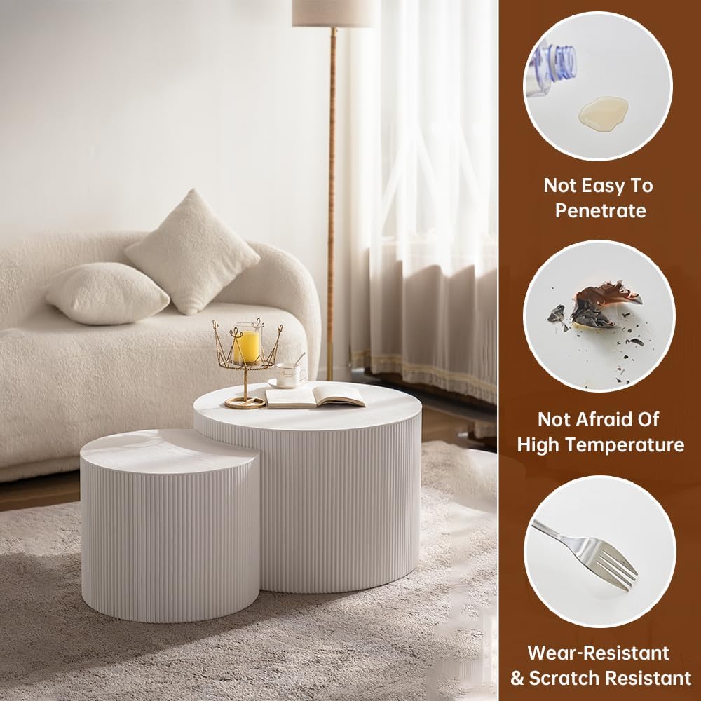 Round Nesting Coffee Table Set of 2 Modern White Fluted Coffee Table Small Round End Table Crescent Side Table Circular Coffee Tables Nested Coffee Tables for Living Room (Cream Small)