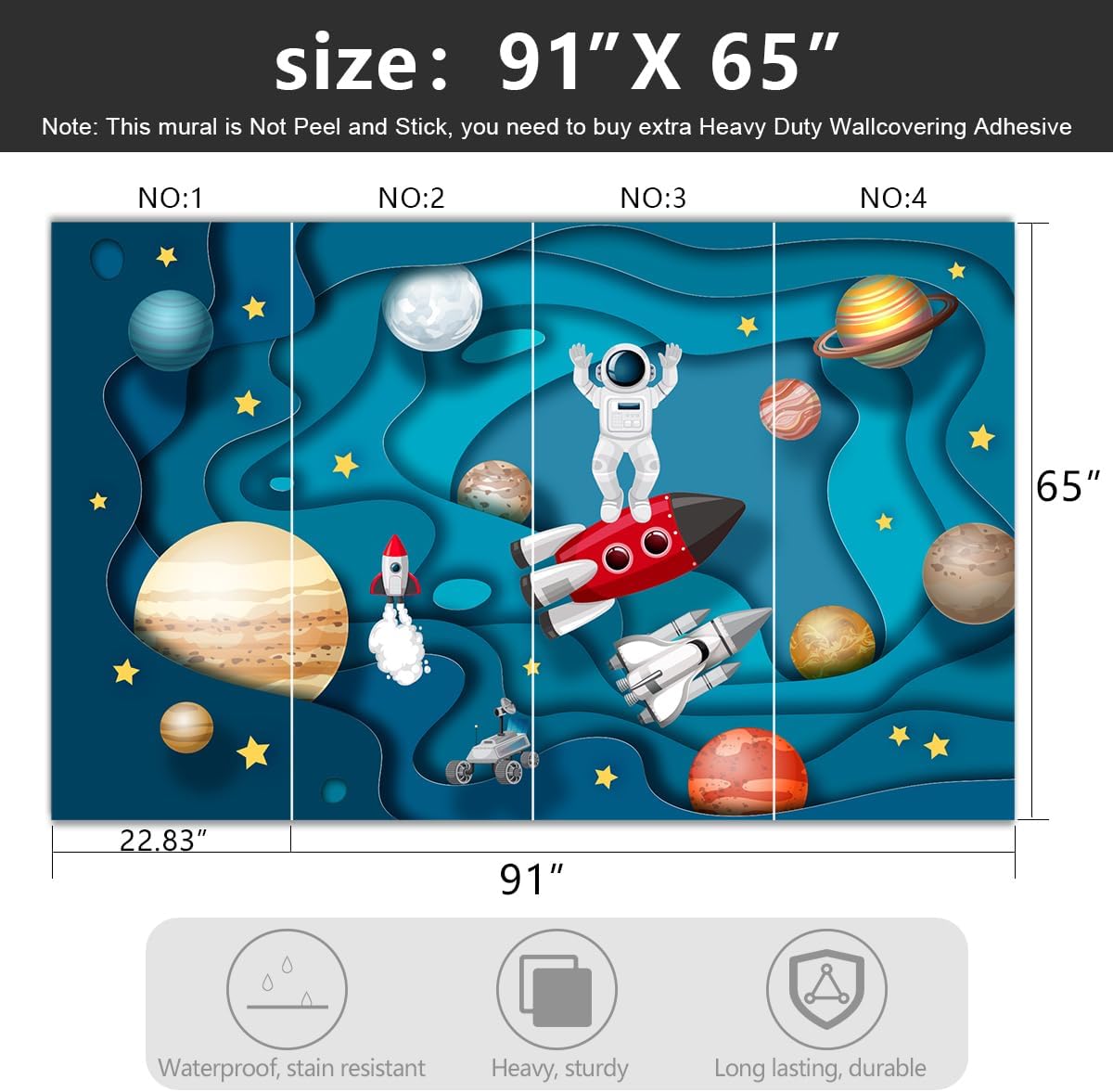 -Kindergarten Children Galactic Planet Fabric Wallpaper Living Room Bedroom Boys Girls Children Cartoon Astronauts Large Mural- 91"x65"( not Peel and Stick)