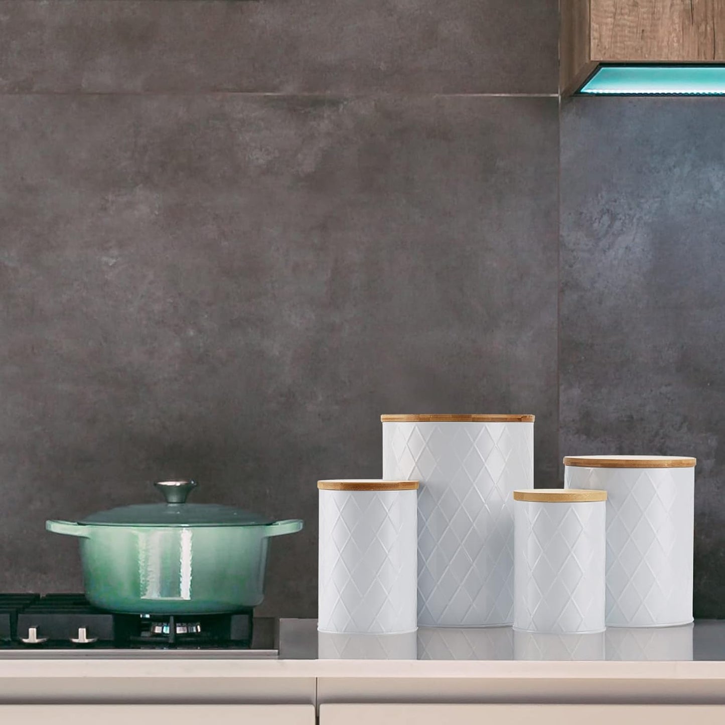 White Kitchen Canisters Set with Bamboo Lids, Airtight Sugar, Flour, Coffee, Cookie Storage Canister Sets for kitchen Countertop, Farmhouse kitchen decor, 4 Pack