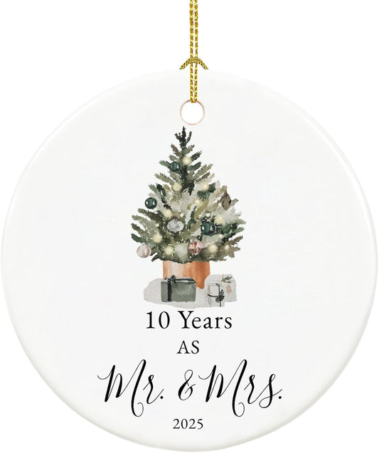 10th Anniversary Ornament Gifts for Couple, 10th Wedding Anniversary for 10 Year as Mr and Mrs Gifts, Ceramic Keepsake 10 Year Anniversary Christmas Ornaments with Ribbon and Box