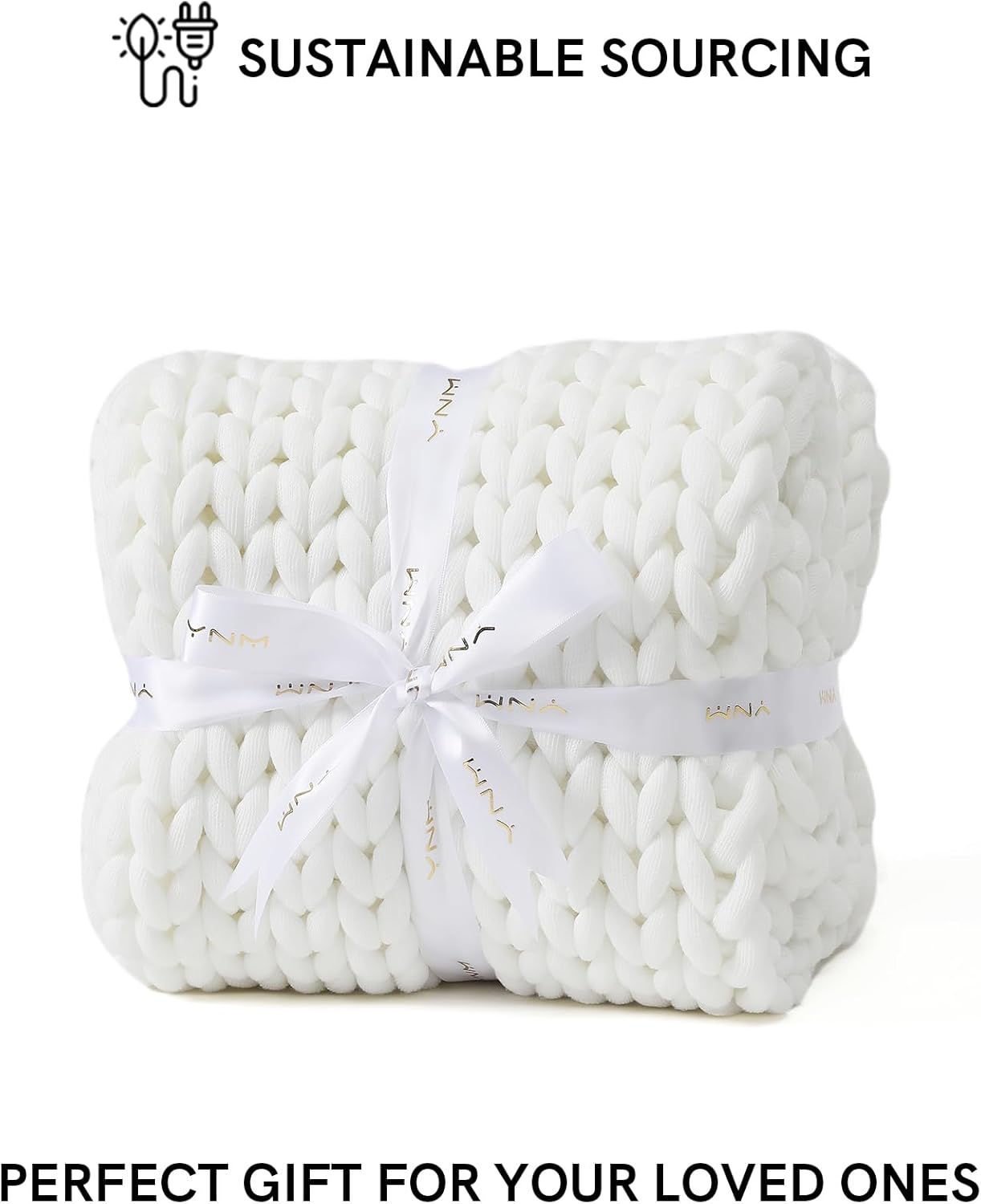 YnM Chunky Throw Blanket, Medium-Weight, Hand Knitted, Skin Friendly, Ventilated and Breathable, Machine Washable, Home Décor Piece for Couch, Sofa and Bed (White, 50x70 Inch)
