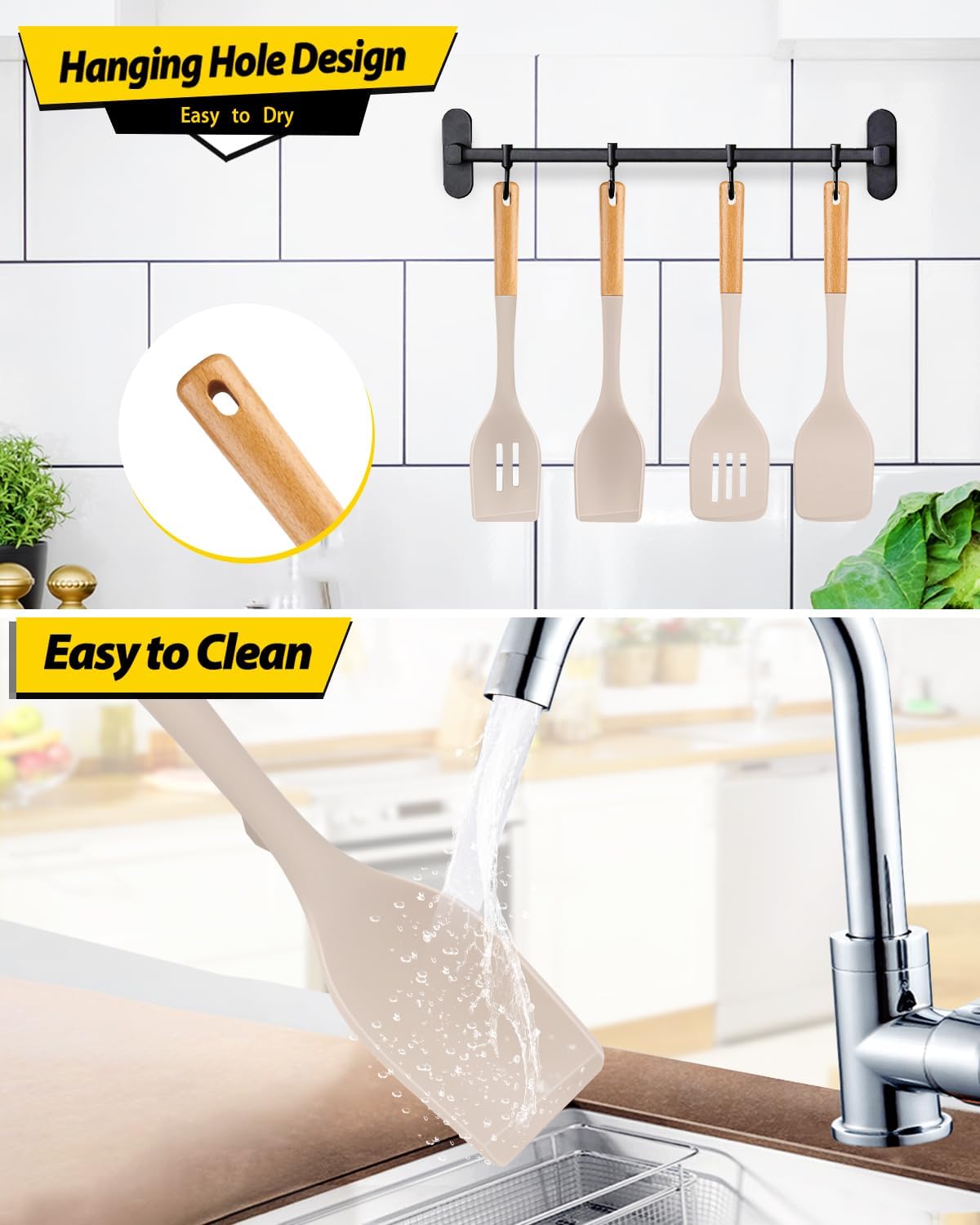 Pack of 4 Silicone Kitchen Utensils Set, Non Stick Solid Spatulas and Heat Resistant Slotted Spoons with Wooden Handle, Ideal BPA Free Cooking Utensils for Mixing,Serving,Turning,Stirring(KHAKI)