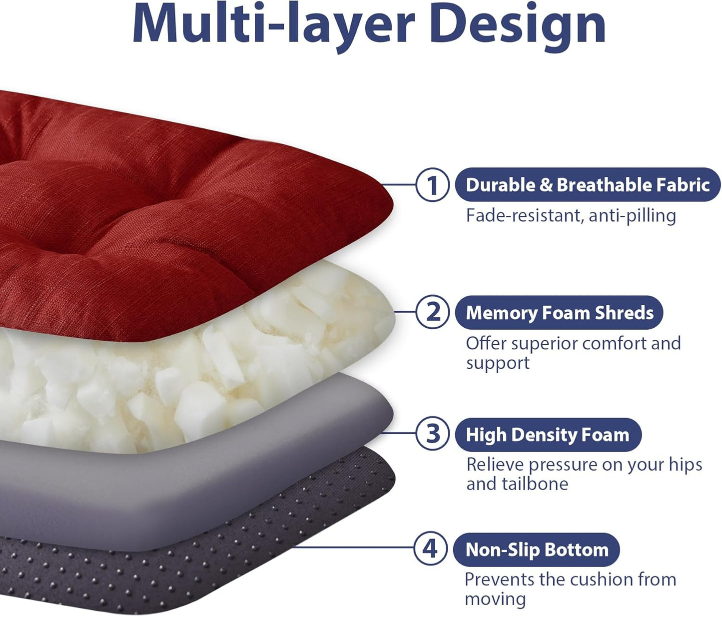 Chair Cushions for Dining Chairs, Dining Chair Cushions, Tufted Indoor Chair Pads with Ties & Non Slip Backing, Seat Cushions for Kitchen Chairs 16.5” x 16.5” x 3.5”, Set of 4, Red