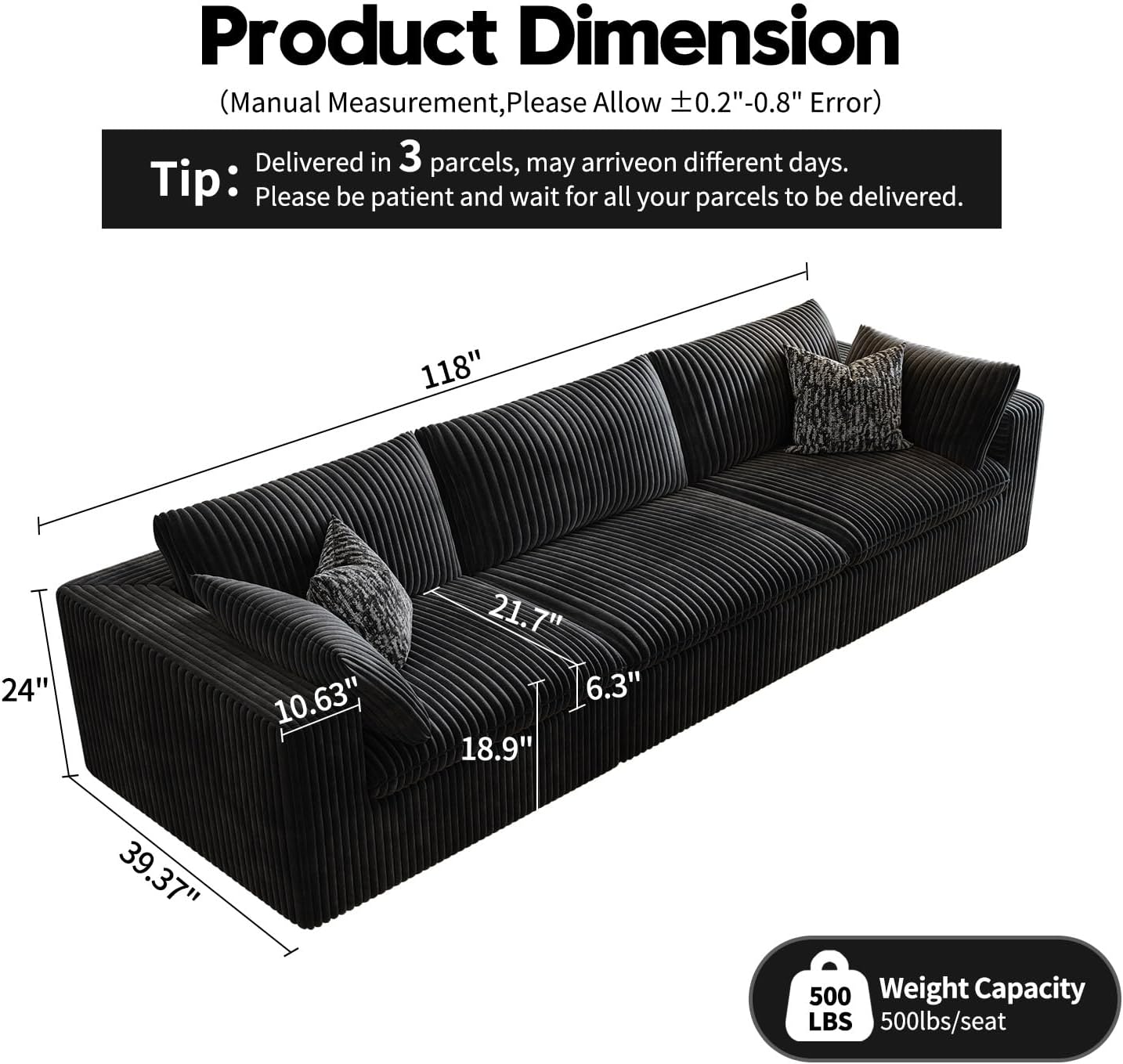 118" Cloud Couch Modular Sectional Sofa for Living Room,Modern Sofa with Deep Seat,3 Seater Boneless Couch,Comfy Upholstered Corduroy Couches for Apartment, Studio, Office,Bedroom,Black