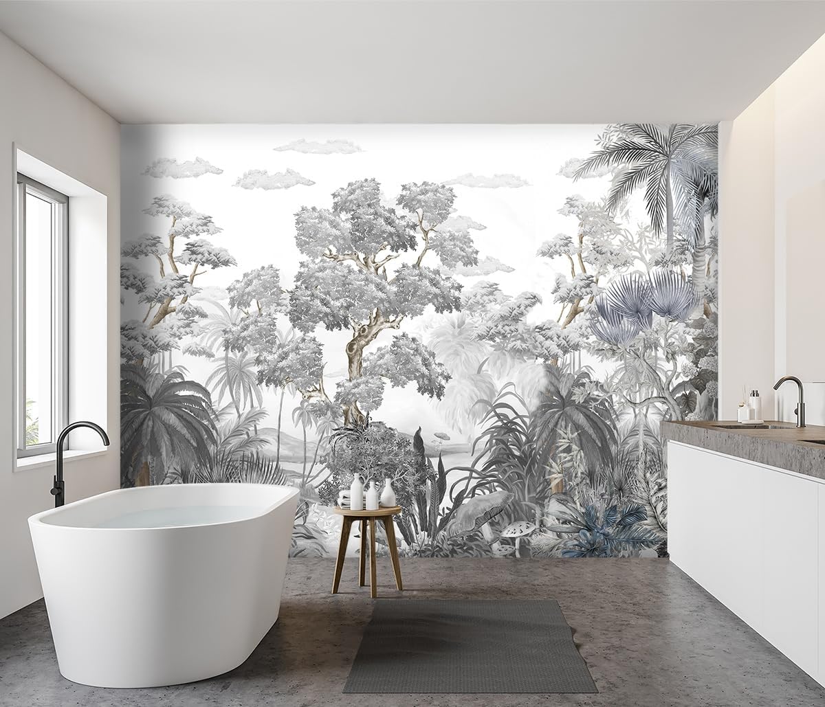 -Tropical Rainforest Botanical Grey Jungle Forest Fabric Wallpaper Living Room Palm Leaf Plant Bedroom Bathroom Wall Mural- 91"x65"( not Peel and Stick)