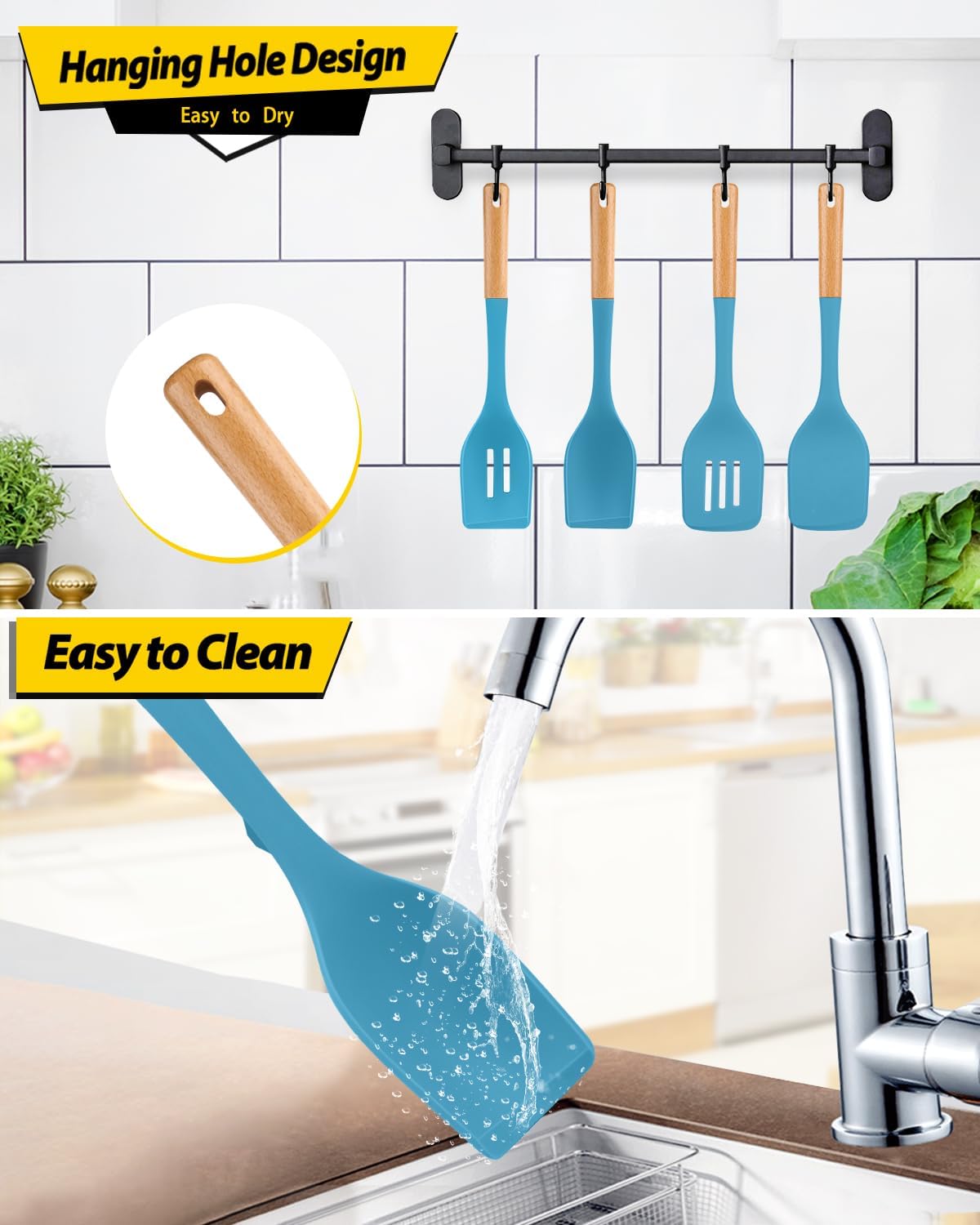 Pack of 4 Silicone Kitchen Utensils Set, Non Stick Solid Spatulas and Heat Resistant Slotted Spoons with Wooden Handle, Ideal BPA Free Cooking Utensils for Mixing,Serving,Turning,Stirring(BLUE)