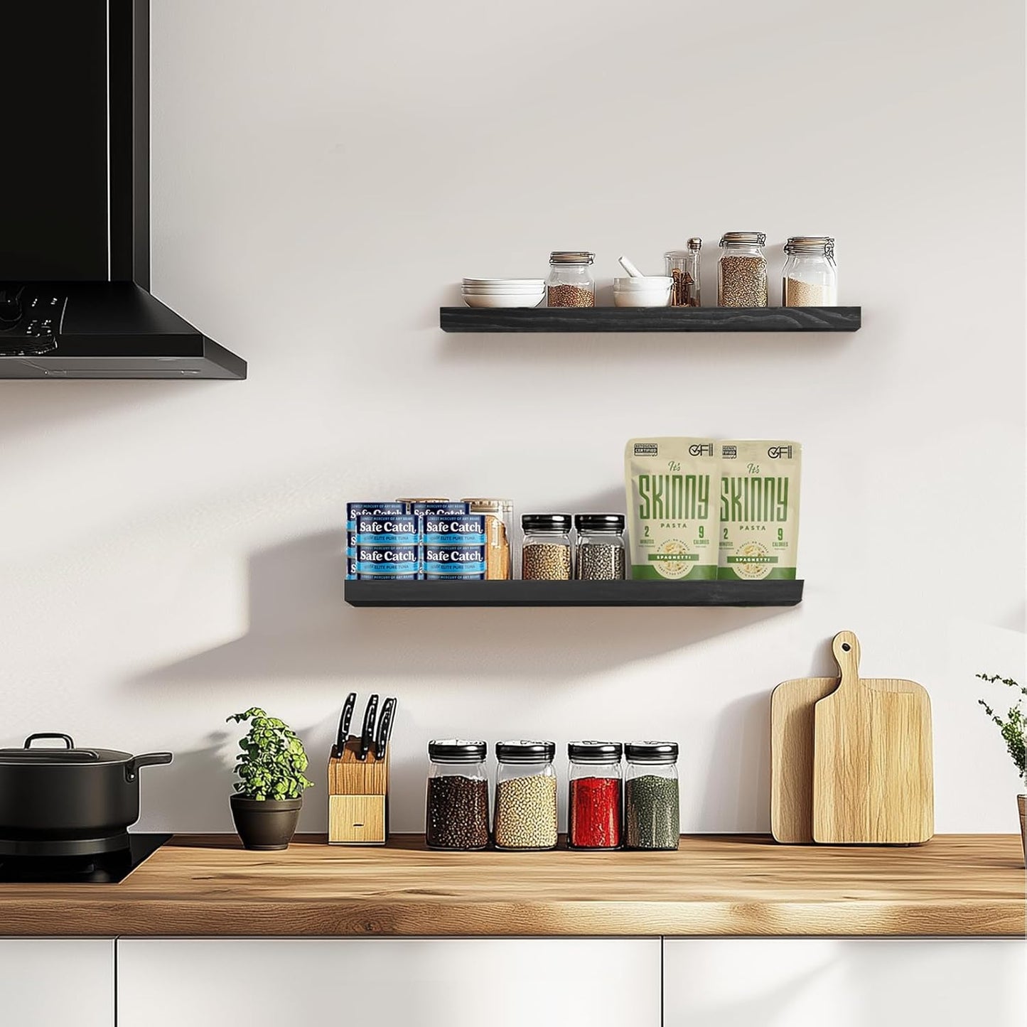 Floating Wall Shelves 2-Pack - Rustic Black 16-inch Wooden Wall Shelves for Storage and Décor, Multi-Functional and Easy to Install for Living Room, Bedroom, and Kitchen
