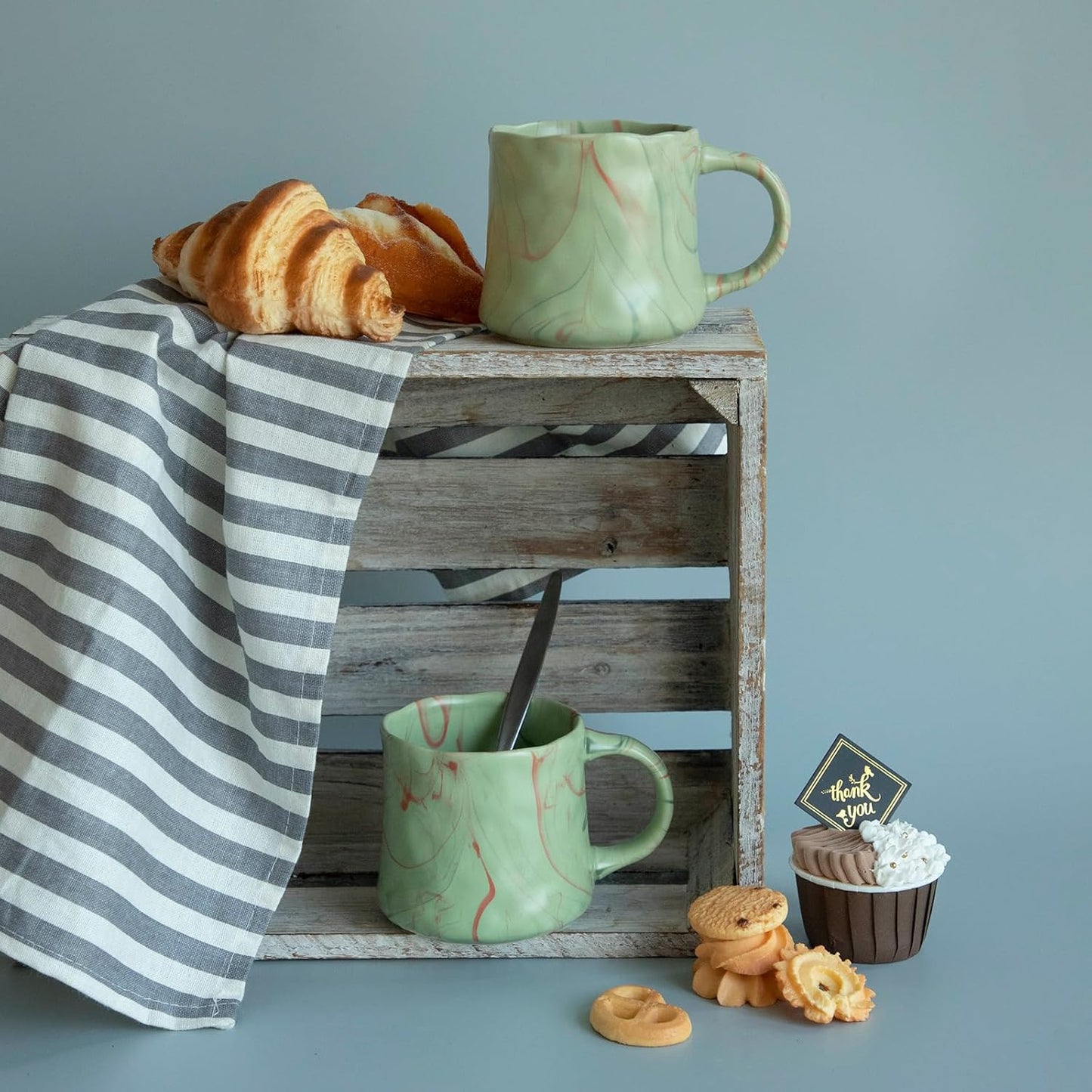 Abstract Art Ceramic Coffee Mugs Set - 2 Pack, Mint Green with Red and White Accents, Handcrafted Design for Modern Kitchen or Office