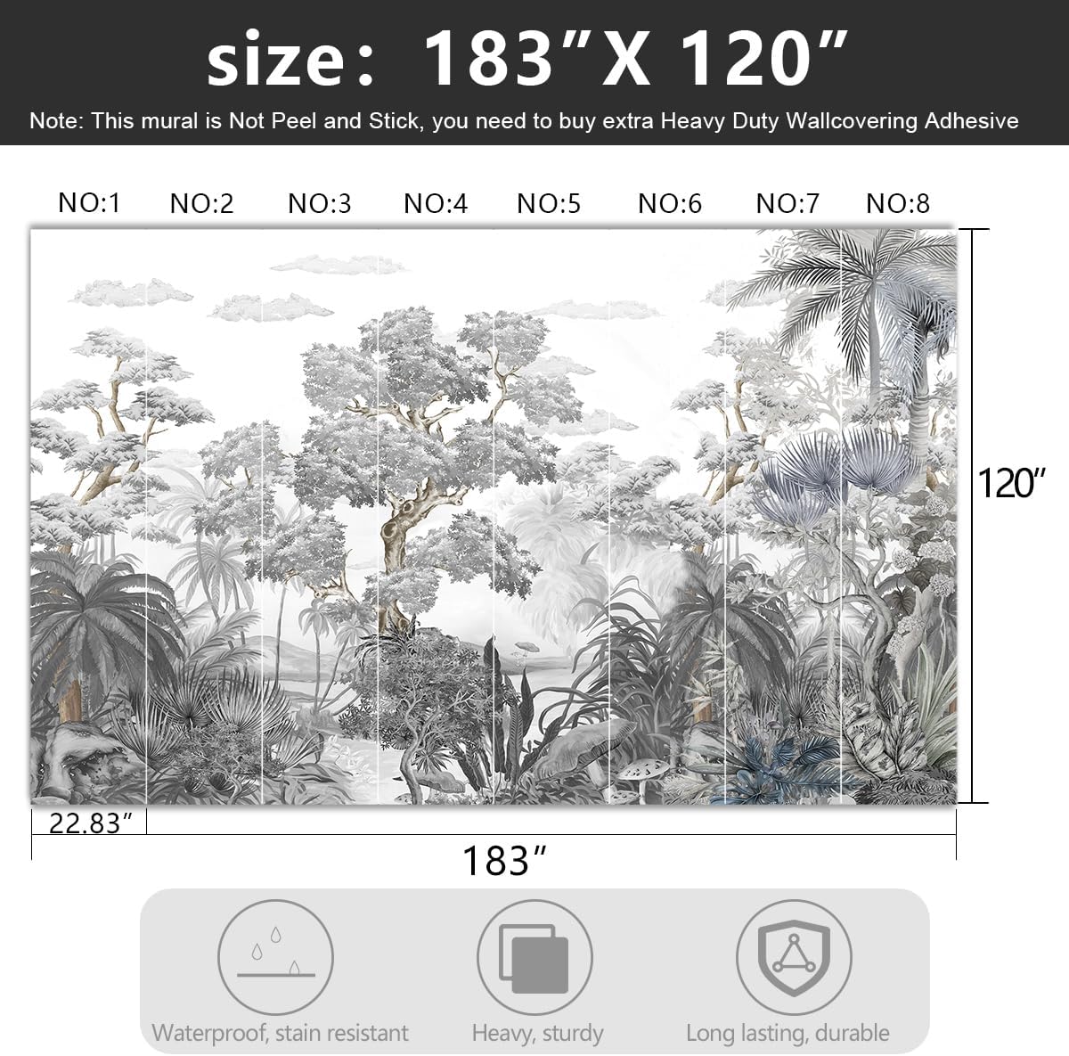 -Tropical Rainforest Botanical Grey Jungle Forest Fabric Wallpaper Living Room Palm Leaf Plant Bedroom Bathroom Large Wall Mural- 183"x120"( not Peel and Stick)