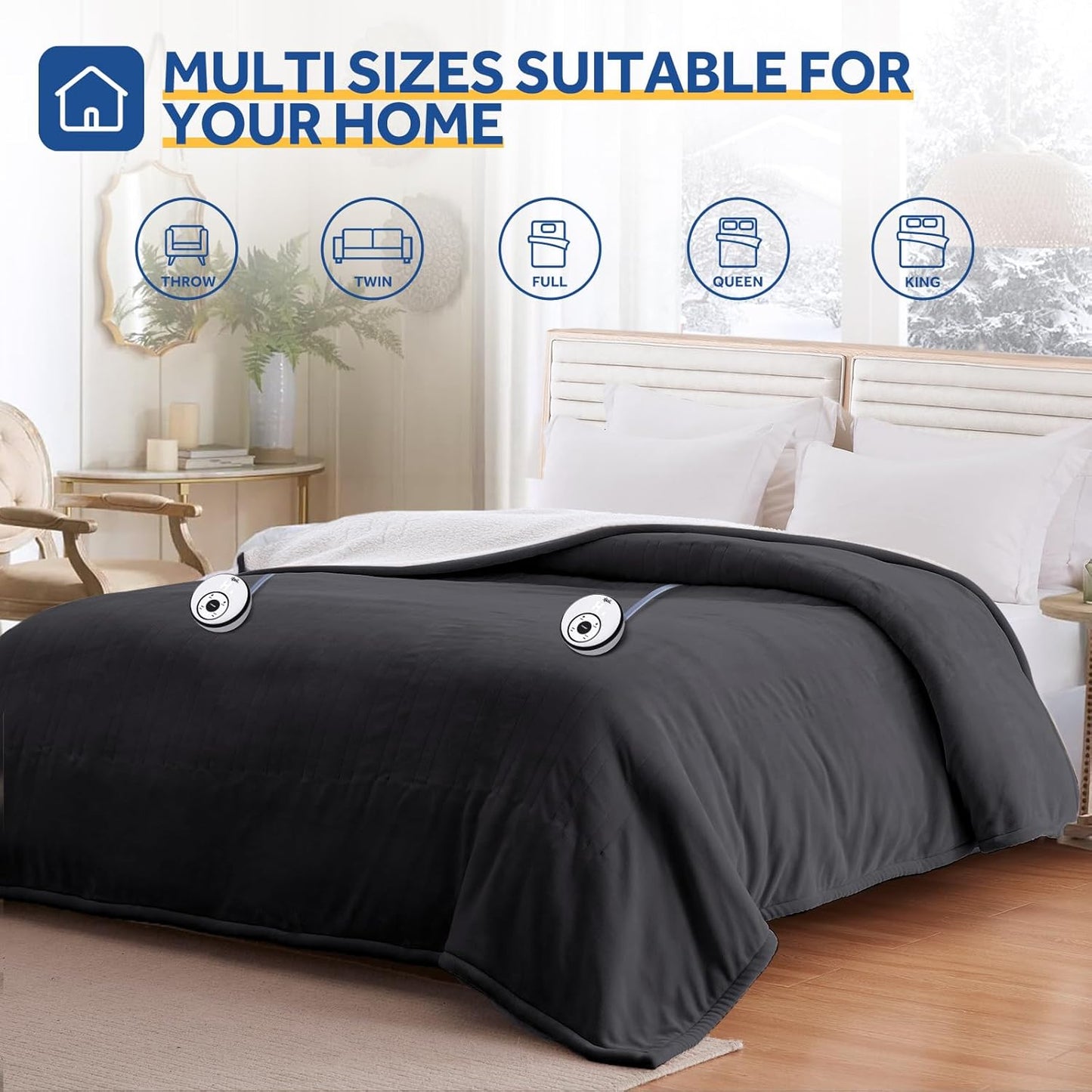 Sealy Electric Blanket Queen 84"*90",Super Cozy Flannel to Sherpa Reversible Heated Blanket Queen Size with 10 Heating Levels & 1-12 Hours Auto Off Overheating Protection Machine Washable,Charcoal