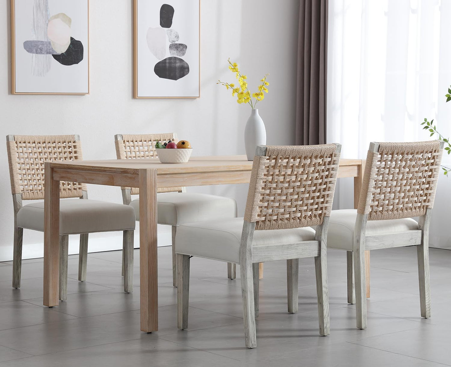 Kmax Farmhouse Dining Chairs Set of 4, Rustic Kitchen Chairs with Linen Fabric Seat and Woven Back, Vintage Accent Chairs for Dining Room, Living Room, Ivory