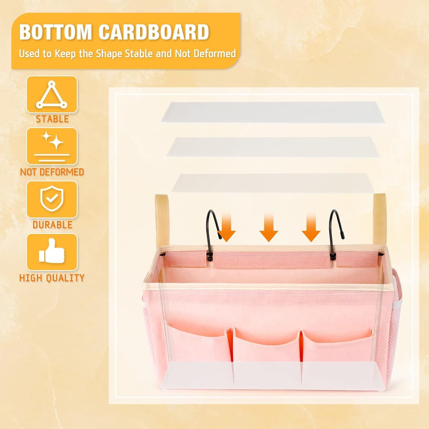 Bedside Organizer with Fixed Straps and Water Bottle Holder for Home, College, Dorm, Bunk, Hospital, Crib, Bed Rails - Pink