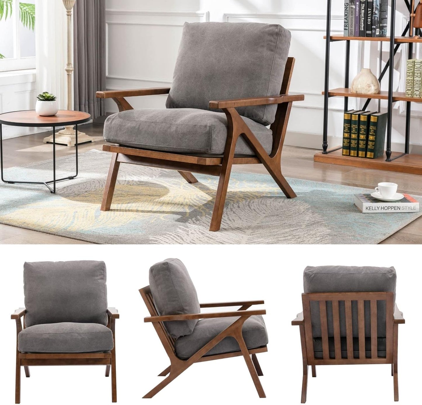 HNY Set of 2 Mid Century Accent Chair, Upholstered Armchair with Wood Frame and Canvas Cushions, Leisure Reading Chair Slipper Chair for Living Room, Bedroom, Gray