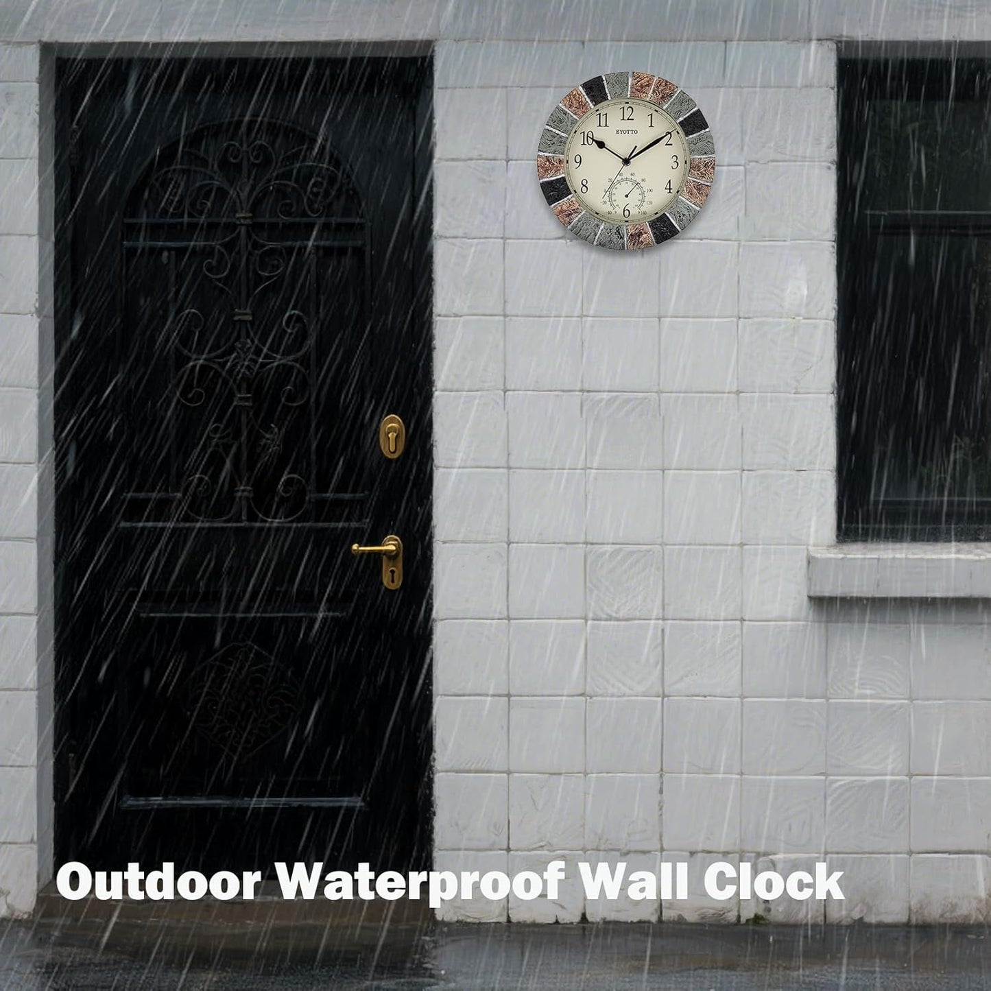 eYotto 10 Inch Small Indoor/Outdoor Waterproof Wall Clock with Thermometer Silent Non-Ticking Battery Operated Wall Clocks Weatherproof for Patio, Pool, Garden, Lanai, Fence, Porch, Deck, Bathroom