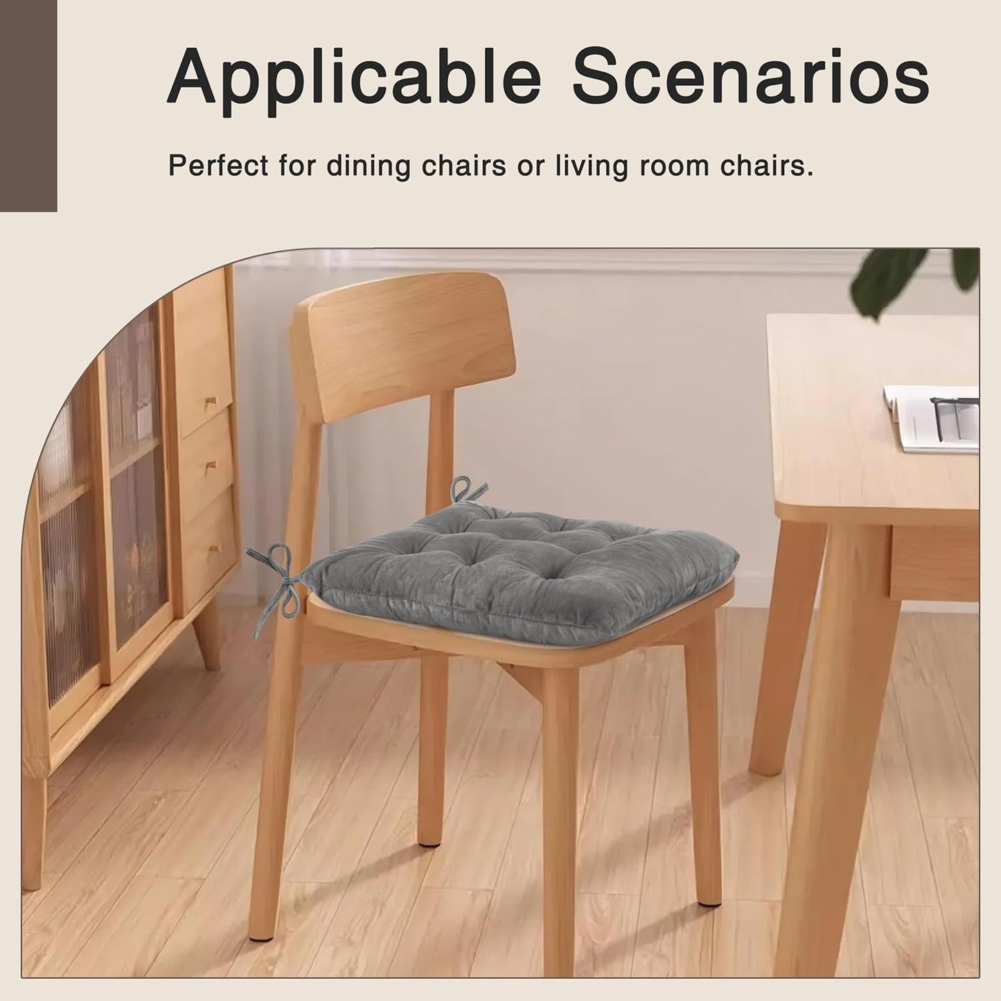 OVOV Chair Cushions for Dining Chairs Set of 6 Tufted Indoor Chair Pads with Ties Soft Square Seat Cushions for Kitchen Chairs 15.5"x15.5",Grey