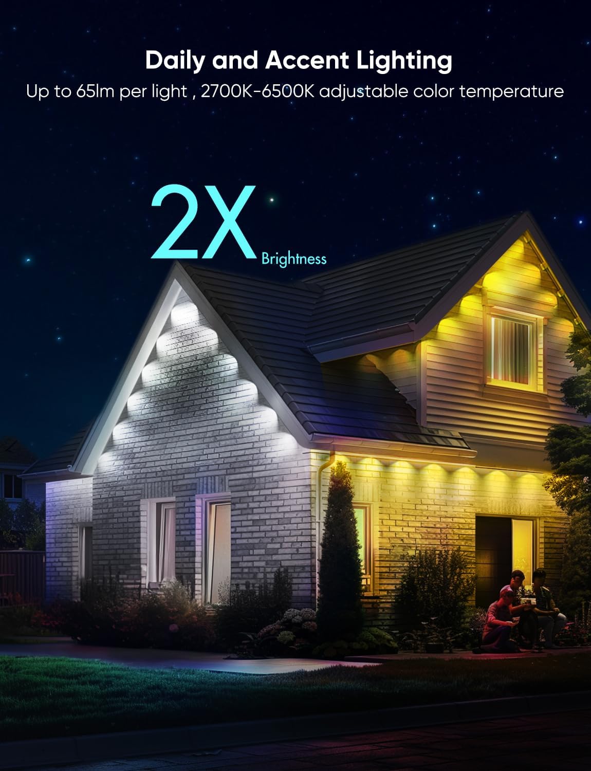 Permanent Outdoor Lights Pro 200ft, RGBCW Smart Eaves Lights with 144 LED Lights, Dual Lens, Cuttable, 111 Scene Modes, IP67 Waterproof Lighting for Holiday Decoration, Work with Alexa, Black