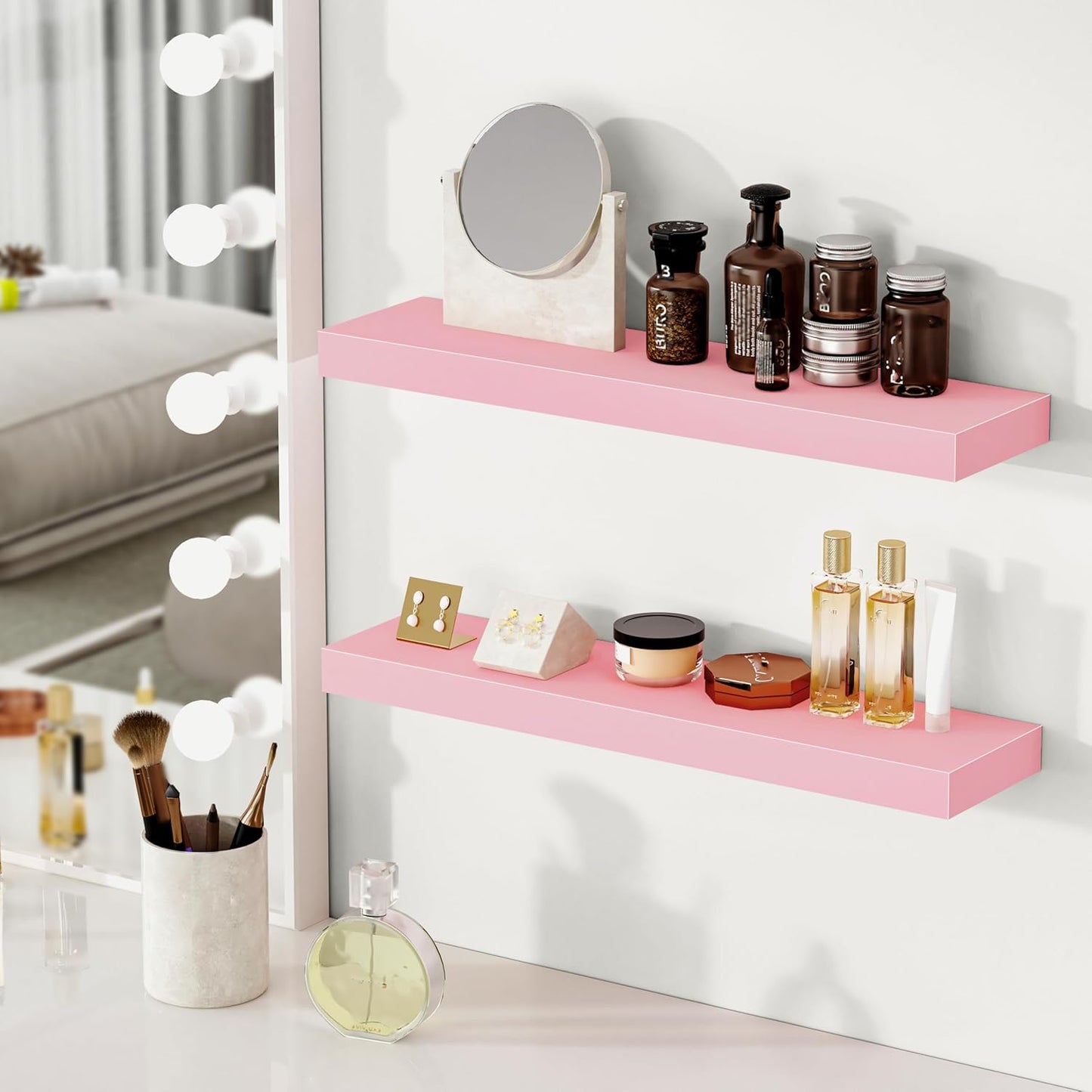 BAMEOS Pink Floating Shelves for Wall, 24" x 6" Wall Shelves for Room, Floating Book Shelves, Hanging Shelves for Bedroom, Bedroom, Living Room, Kitchen (Set of 2)