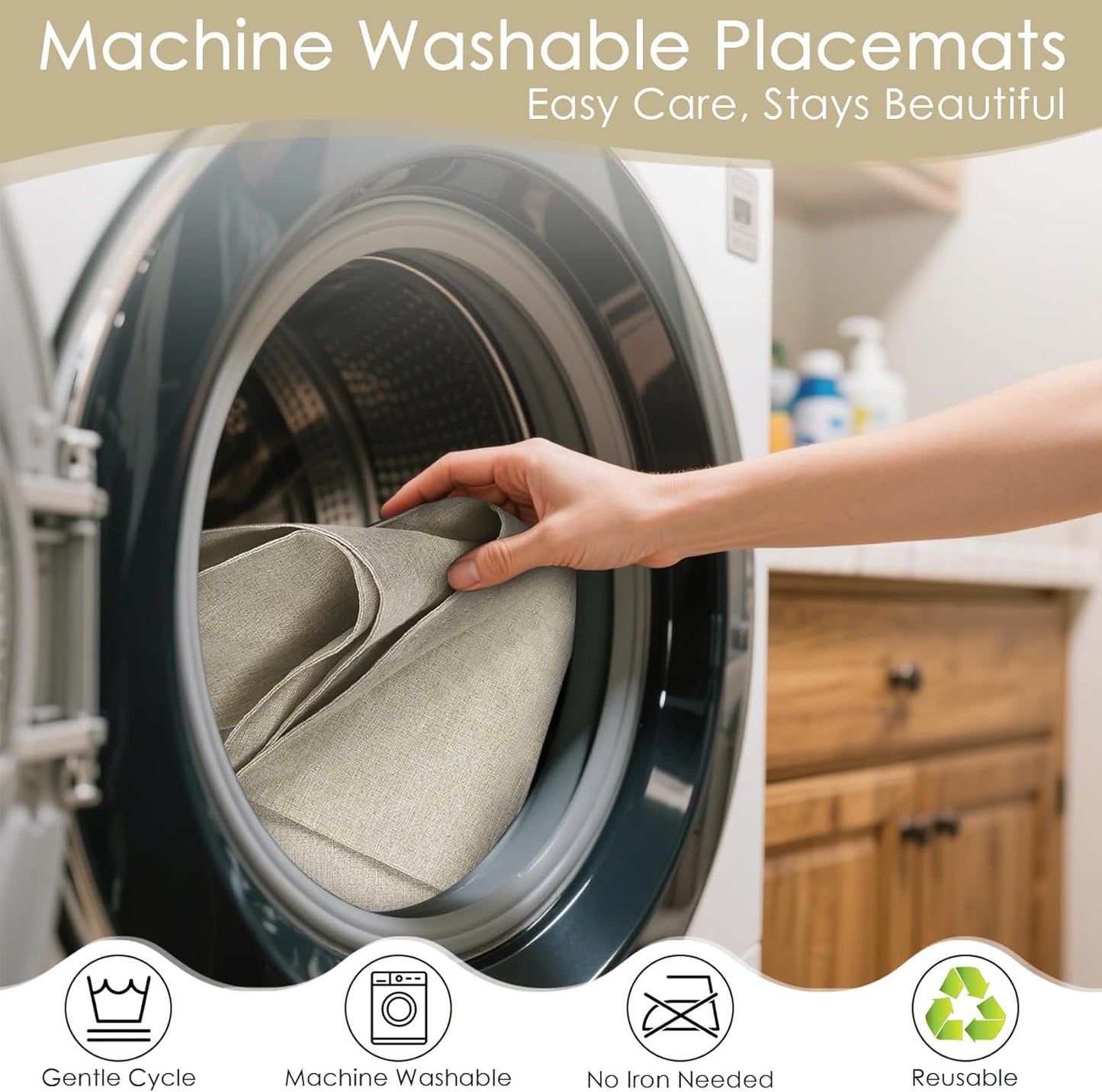 MANSPHIL Cloth Placemats Set of 4, Washable Thick Faux Linen Place Mats Heat Resistant Double Layer Table Mats for Dining Kitchen Indoor Outdoor Use - 13x19 Inch Beige