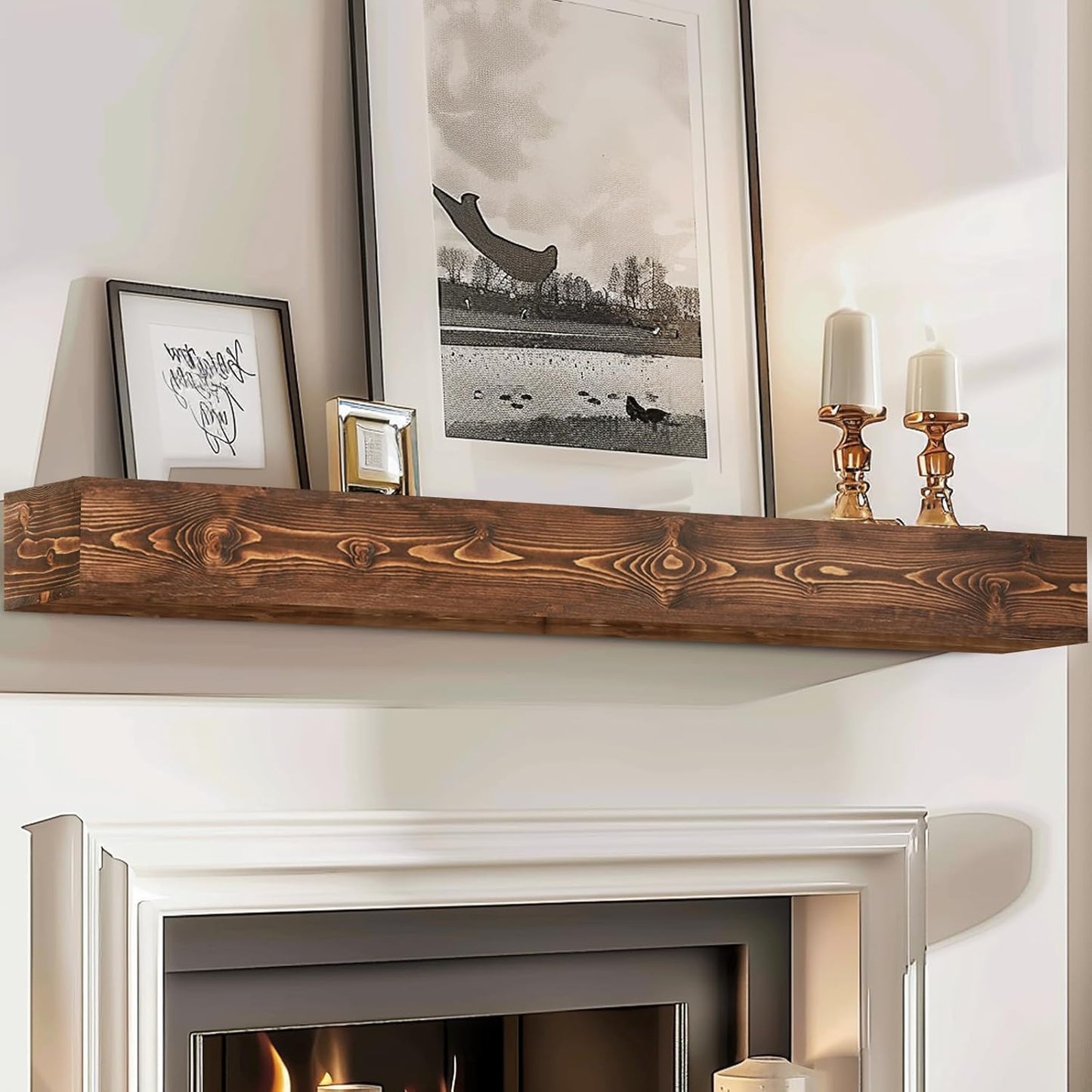 72x8x5 Fireplace Mantel - Handcrafted Hollow Rustic Solid Wood Wall Mounted Floating Shelf with Invisible Heavy Duty Wood Bracket (Weathered Brown)