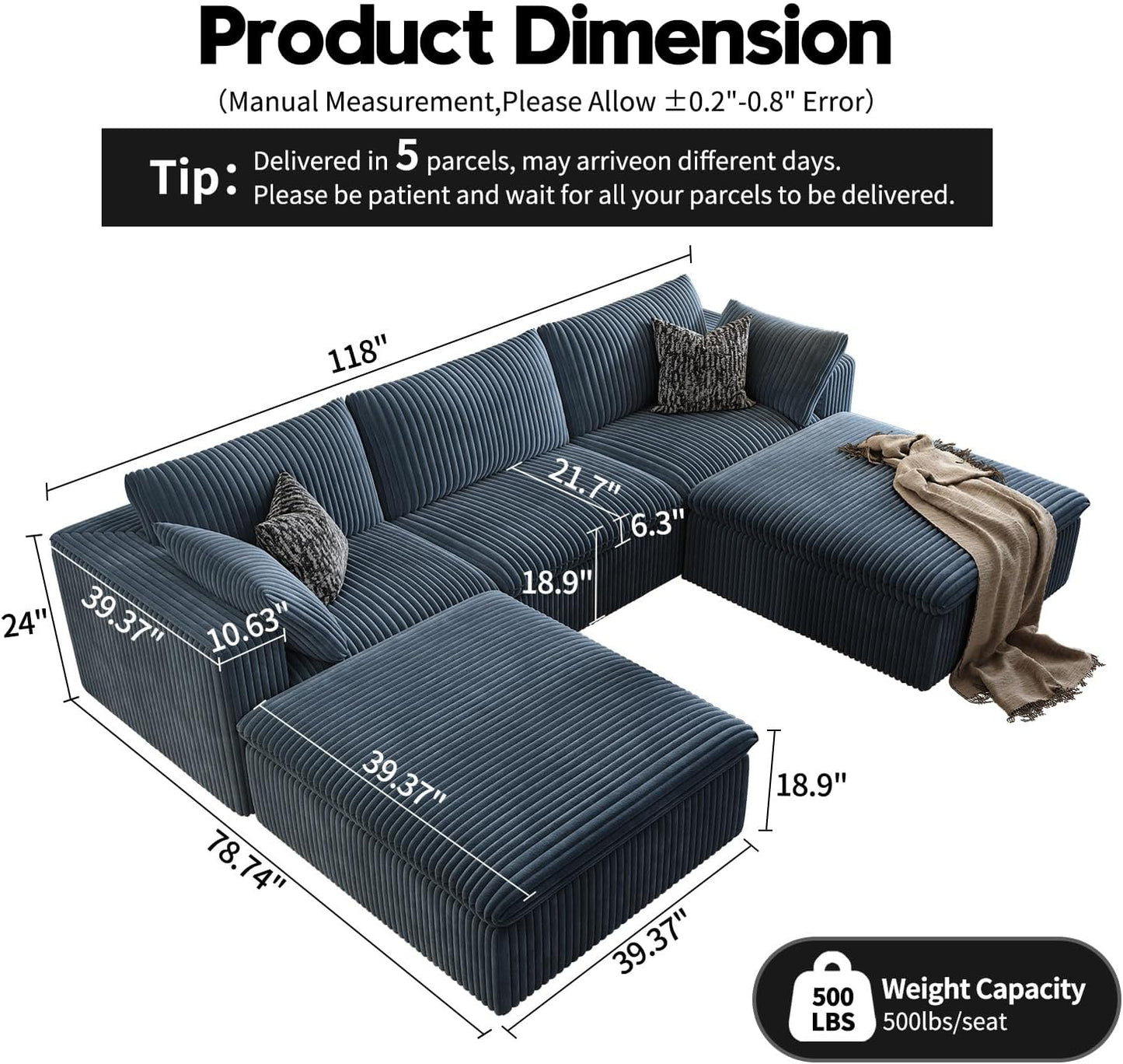 118" Cloud Couch Modular Sectional Sofa for Living Room,Modern Sofa with Deep Seat,U-Shape Boneless Couch with 2 Ottoman,Comfy Upholstered Corduroy Couches for Apartment, Studio, Office,Bedroom,Blue