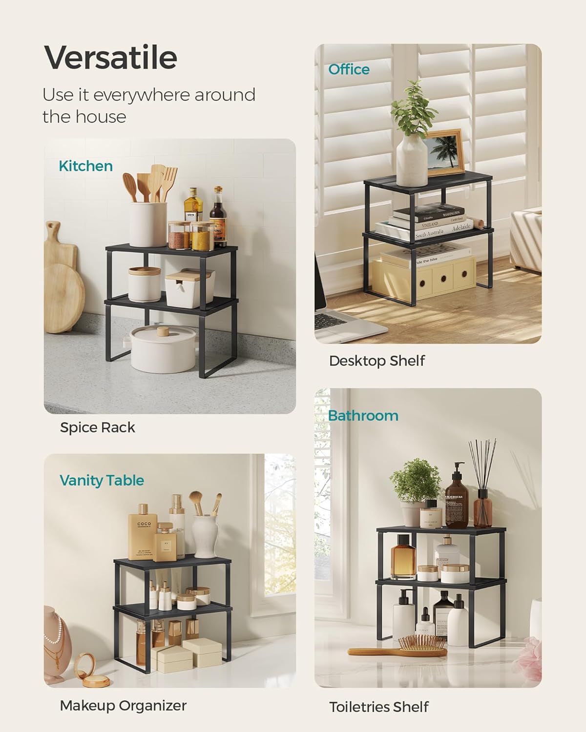 SONGMICS Cabinet Organizer Shelf, Set of 2 Kitchen Counter Shelves, Kitchen Storage, Spice Rack, Stackable, Expandable, Metal and Engineered Wood, Ink Black and Charcoal Black UKCS02B01